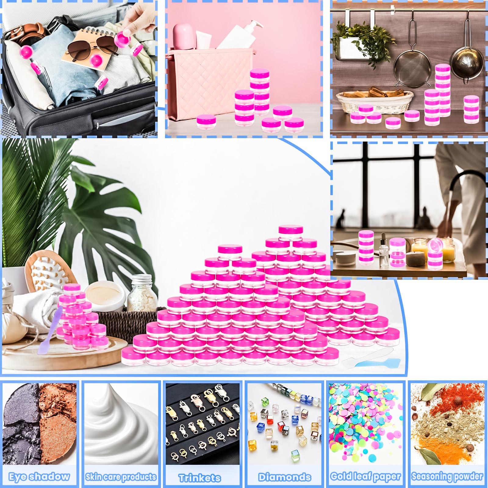 Motbach 100 Pcs 5G Empty Plastic Containers With Pink Lids,Mini Makeup Sample Containers, Small Sample Pot Jars Round Cosmetic J