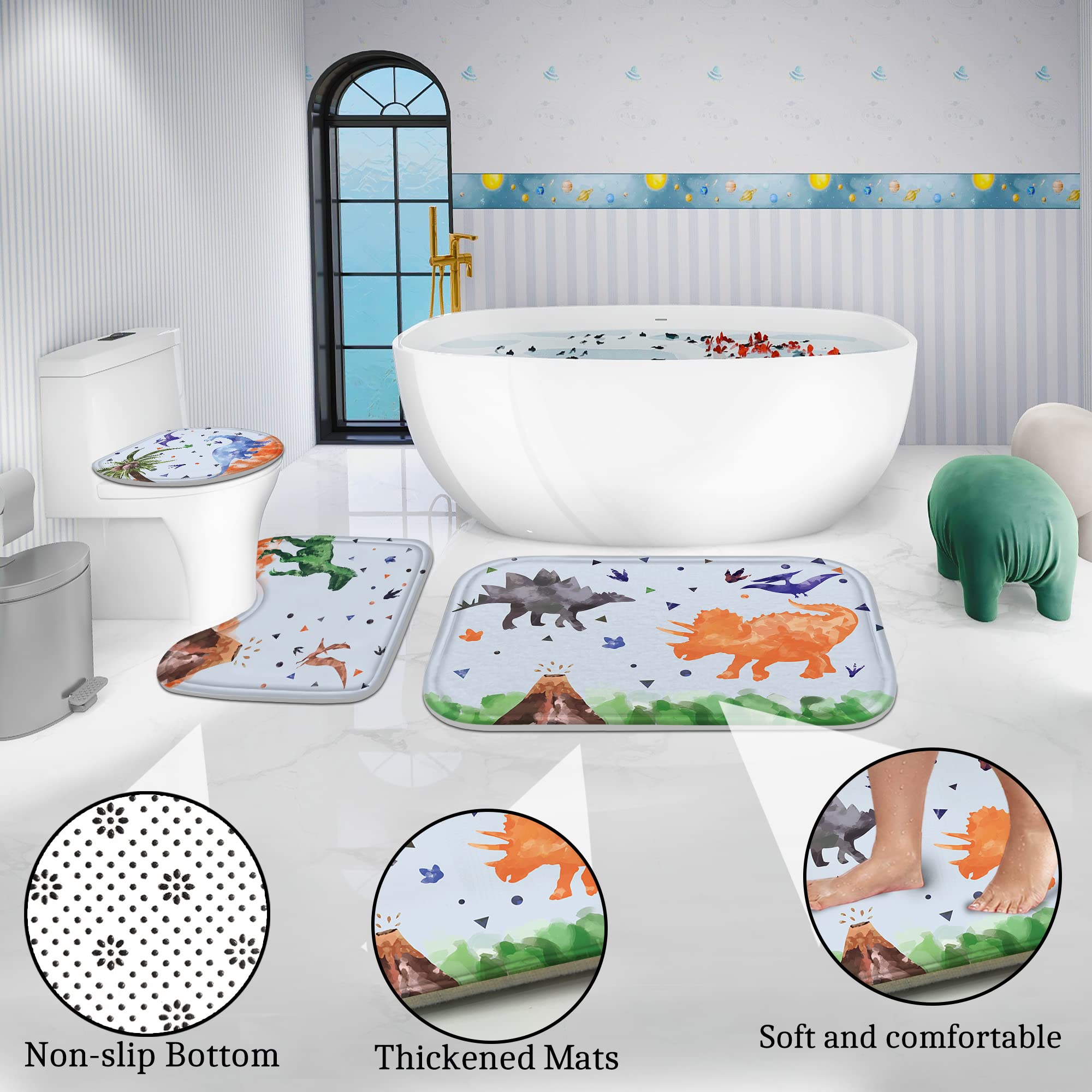 Poedist Shower Curtain Set with Rugs Kid's Bathroom Accessory Set  Including Non-Slip Rugs Toilet Lid Cover and Bath Mat  Waterproof Shower Curtain with 12 Hooks Dinosaur Footprints