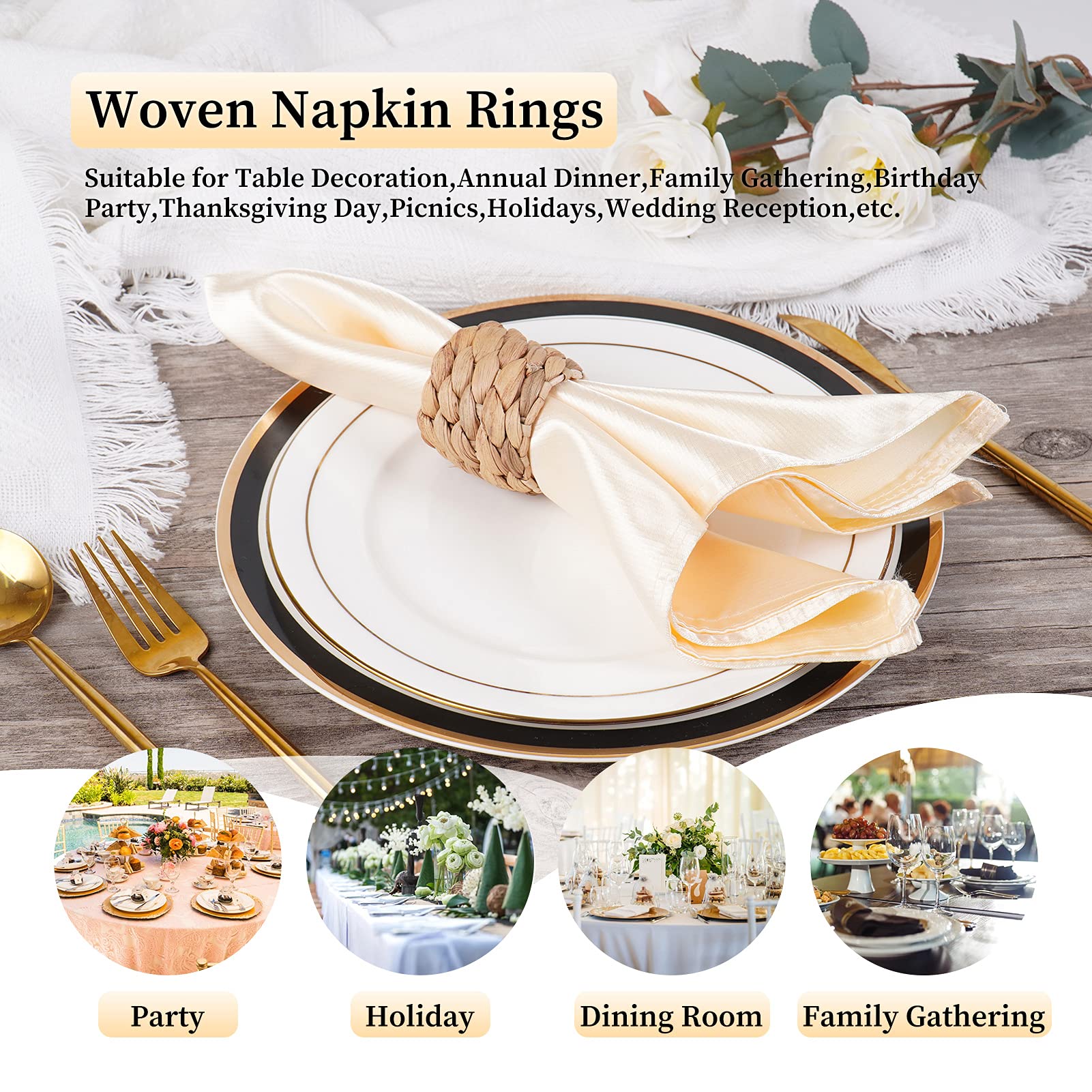 Woven Napkin Rings Set of 6  Farmhouse Napkin Rings Handmade by Natural Water Hyacinth  Fabric Napkin Rings for Thanksgiving  Party  Wedding  Supplies for Dinner Table Decoration