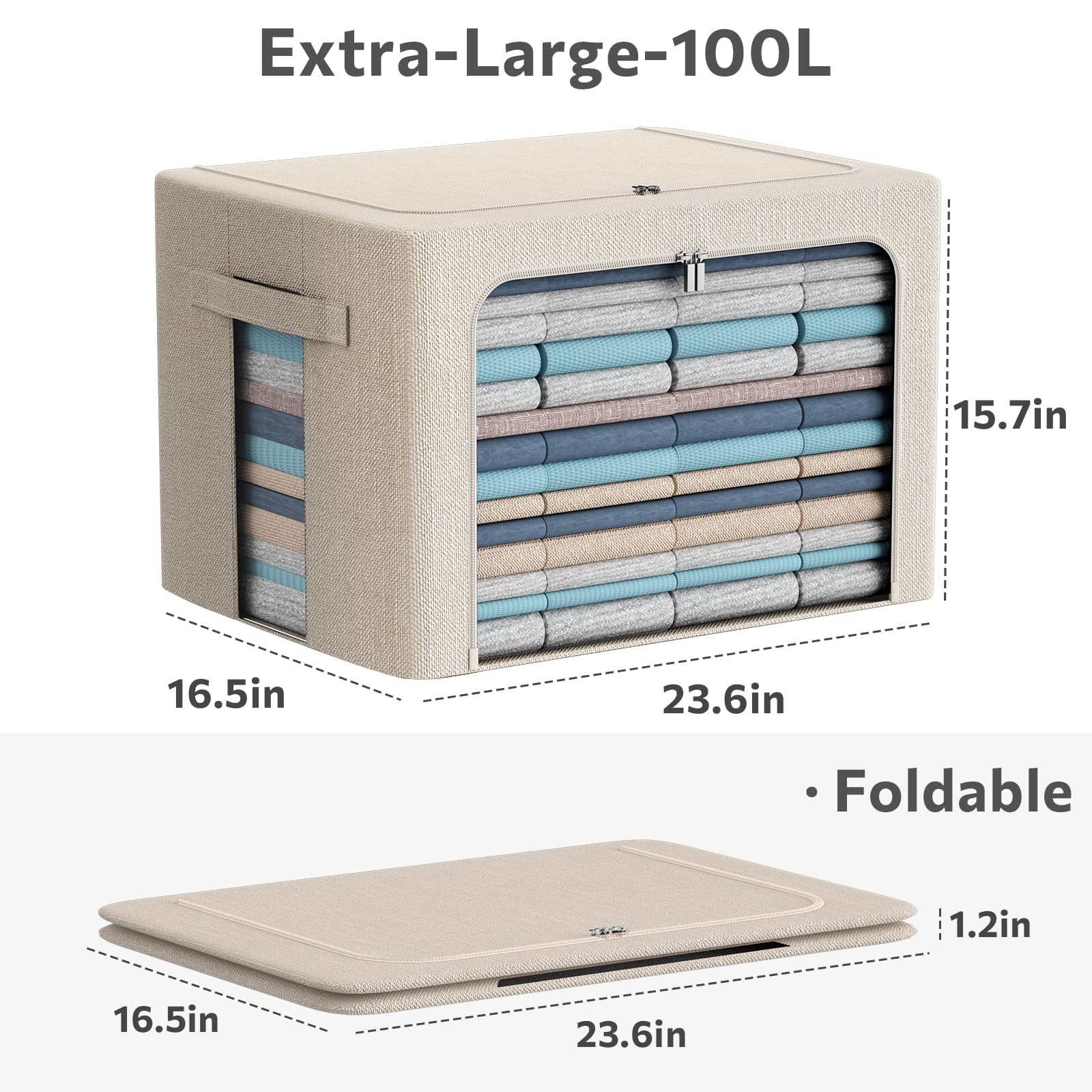 Extra Large Clothes Storage Bins - Linen Fabric Foldable Stackable Container Organizer Set with Clear Window & Carry Handles & M