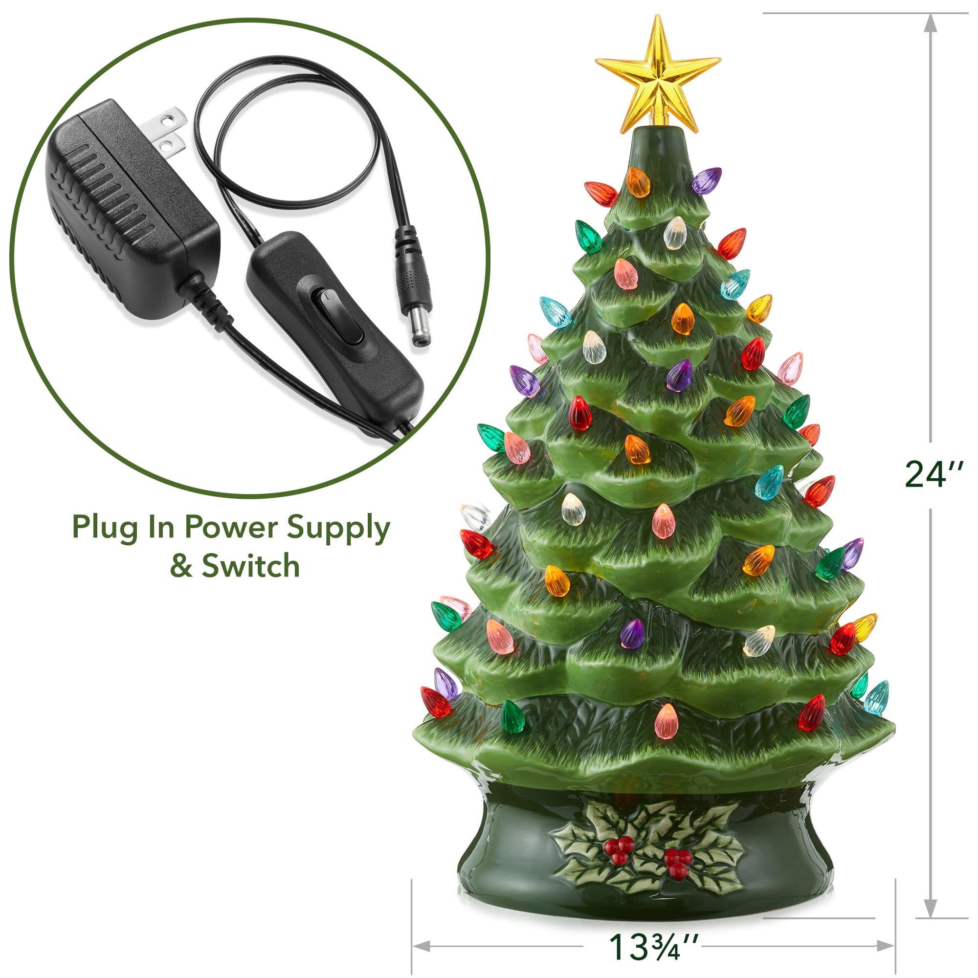 Casafield Hand Painted Ceramic Christmas Tree, Green 24-Inch Pre-Lit Tree with 148 Multi Color Lights and 2 Star Toppers