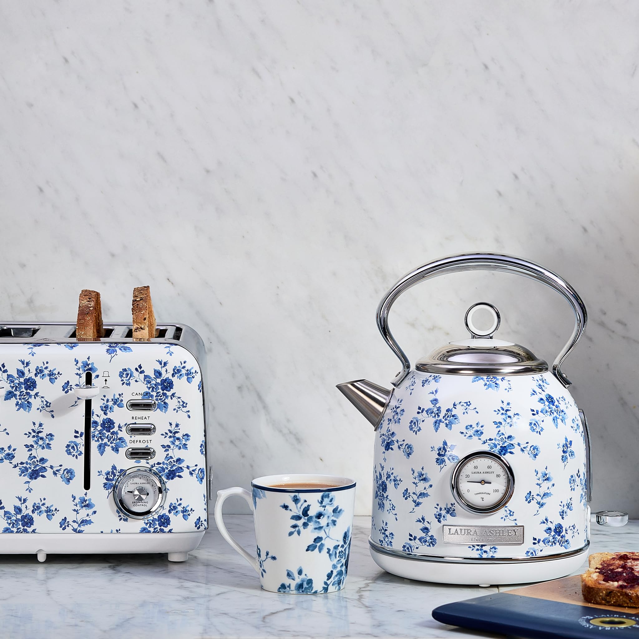 Laura Ashley 1.7L Stainless Steel Electric Kettle - 1500W Rapid Boil, Automatic Shut Off, China Rose - Model VQ-SBPKK336-LACR-US