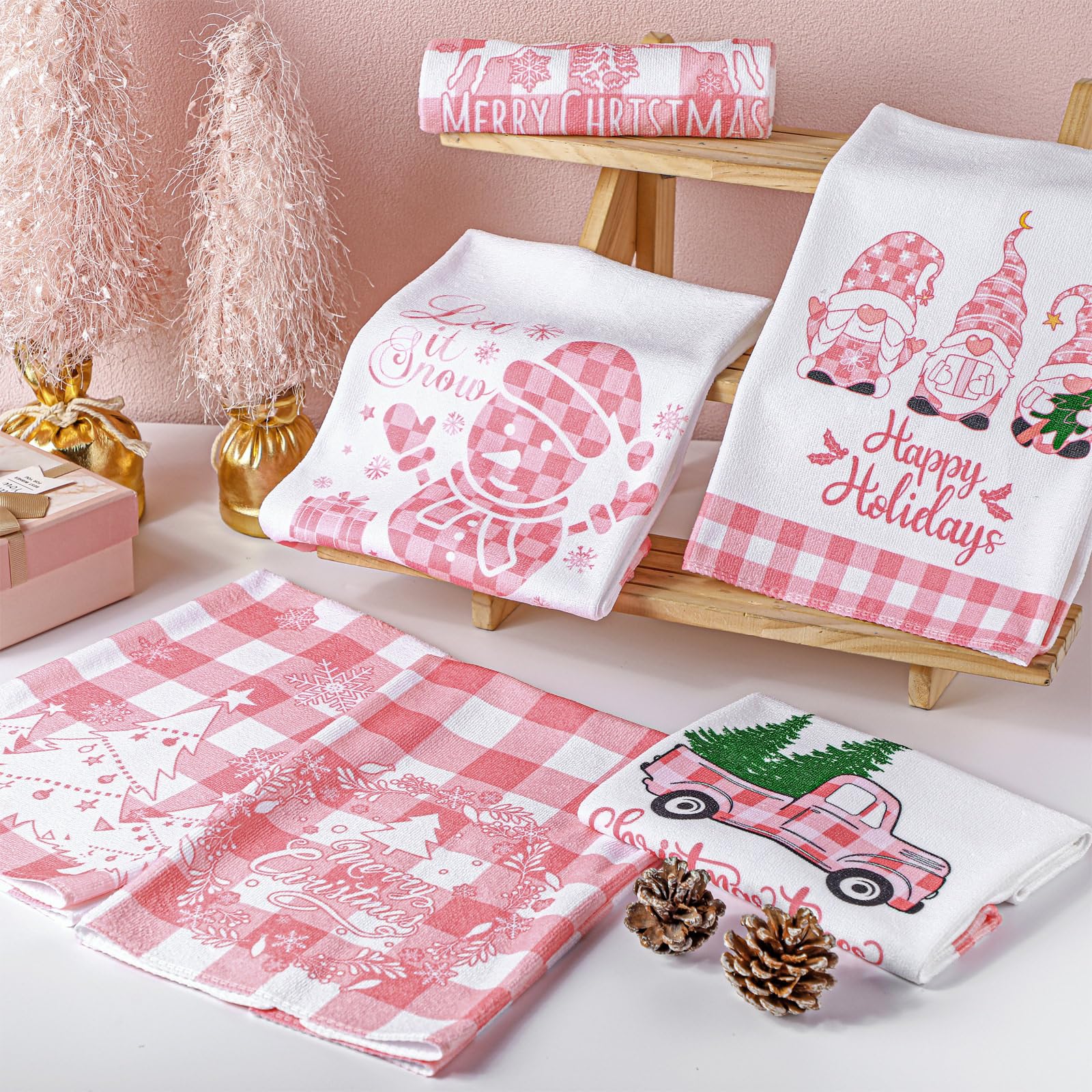 Sratte 6 Pcs Pink Christmas Kitchen Towels Pink White Buffalo Plaid Dishtowels Absorbent Winter Gnome Truck Snowman Bathroom Han