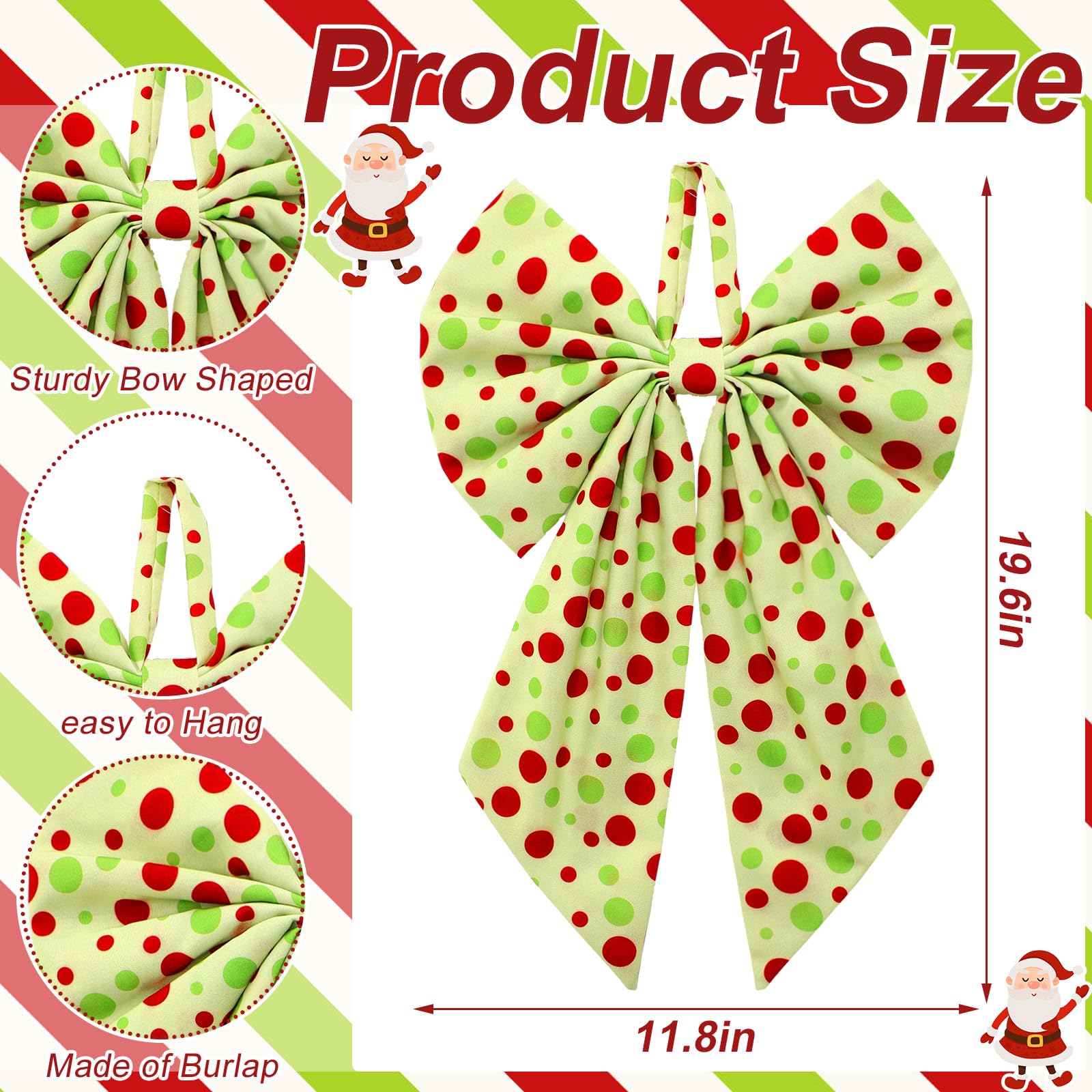 Suncalla 2 Pcs Red Green Dots Christmas Wreath Bow Front Door Hanger 19.6'' x 11.8'' Cute Christmas Tree Dot Bow Wreath Accessor
