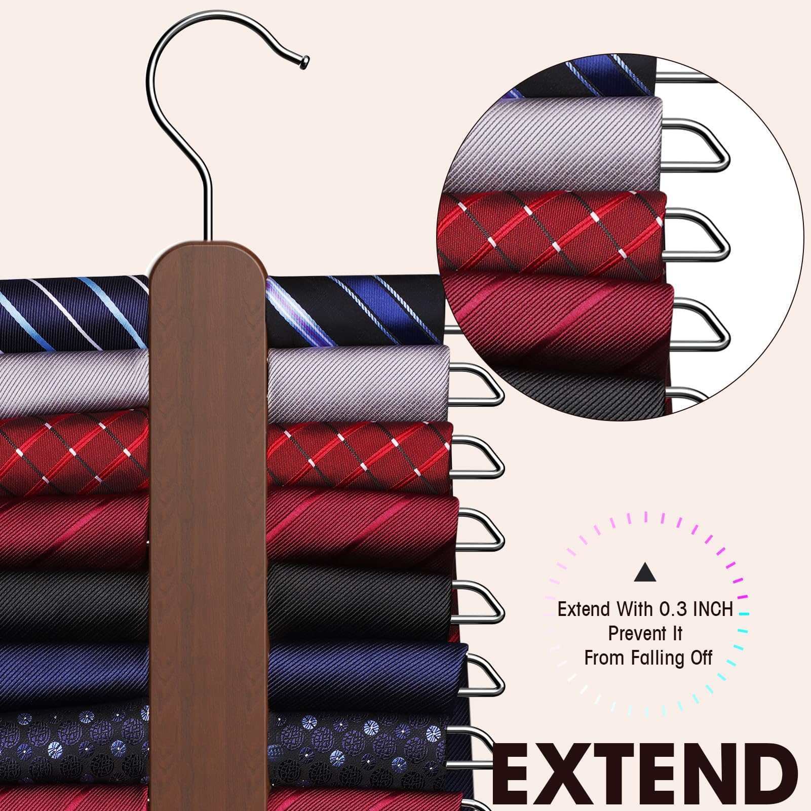Uinicor Tie Hanger 2 Pack, Rust Resistant Wooden Necktie Organizer With 360 Degree Rotation For Tie, Belt, Scarf Storage