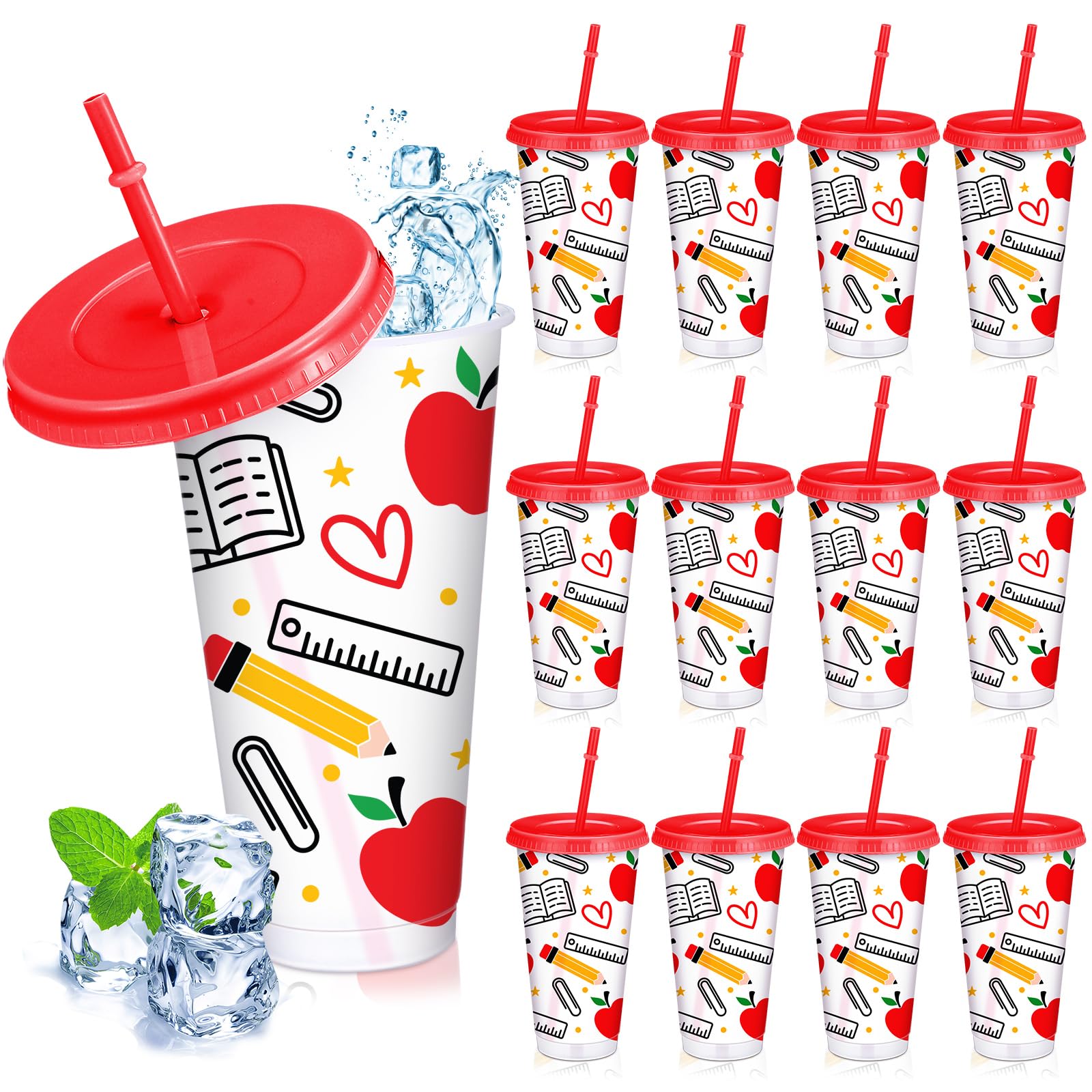 Reallnaive 12 Pcs Teacher Plastic Cups with Lids and Straws Back to School Gifts 24 oz Reusable Pencil and Apple Iced Coffee Tum