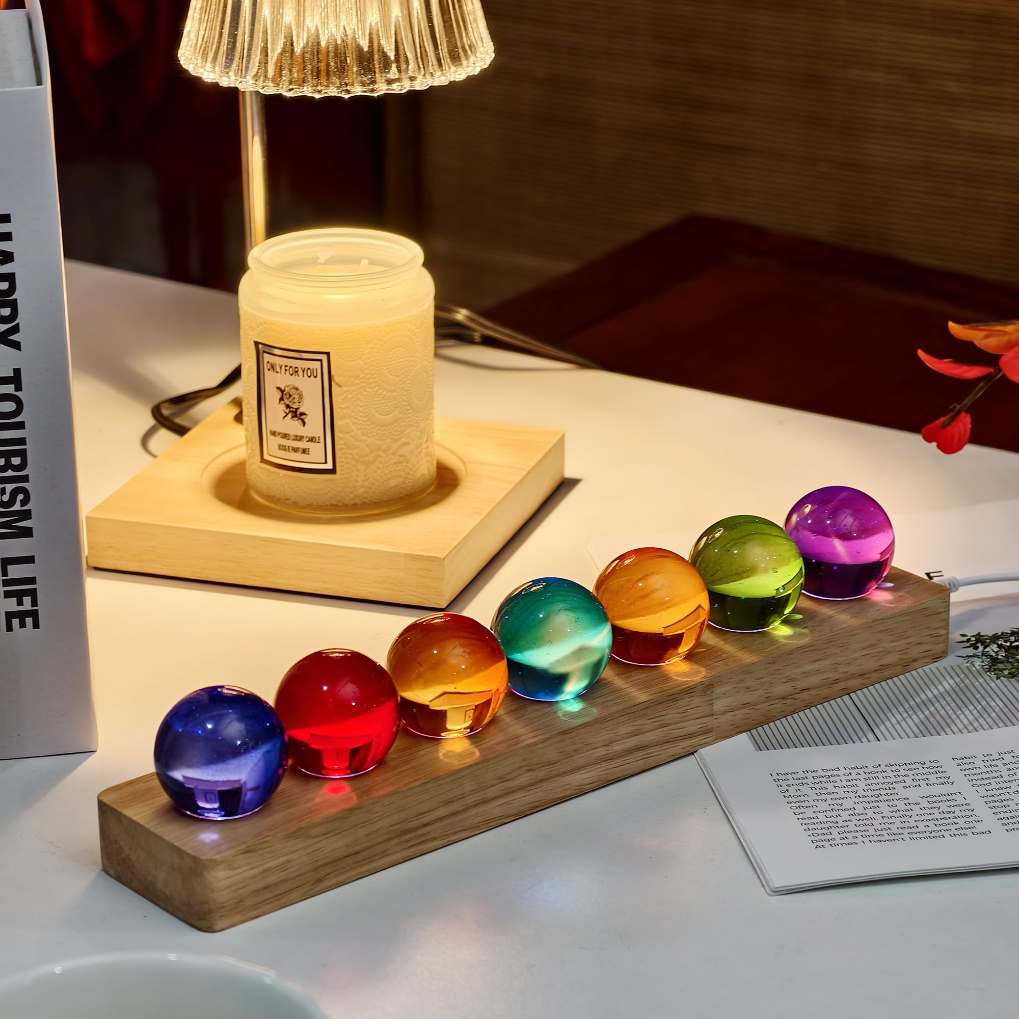 7pcs 40mm Multicolor Crystal Solid Ball Glass Spheres with LED Wooden Base Night Light Decoration Healing Sphere Balls with Stan