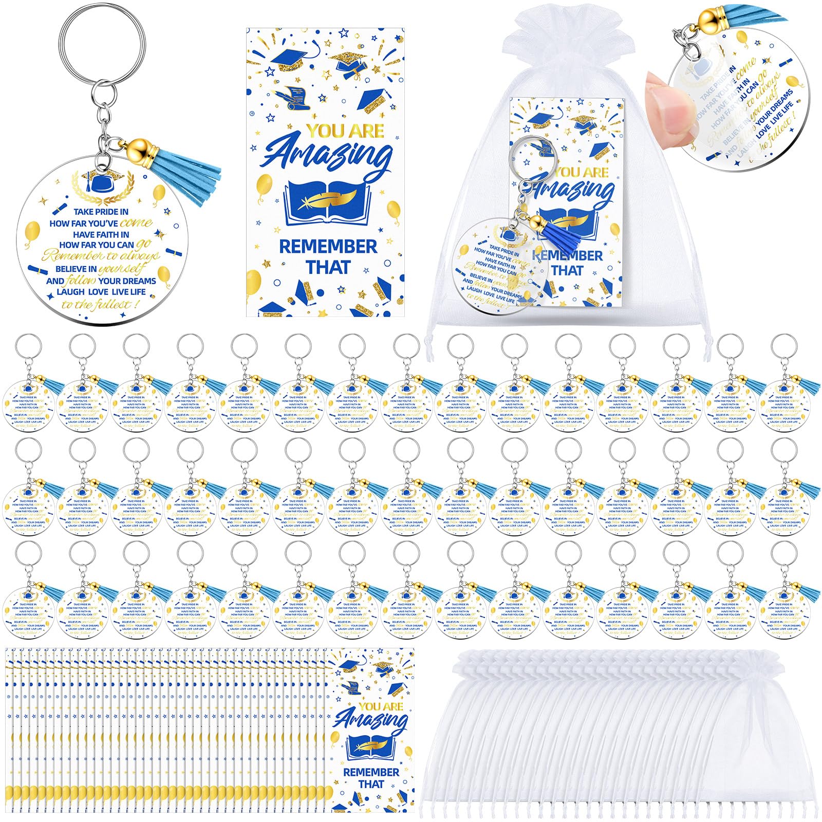 Landical 50 Set Graduation Gifts Keychain Bulk Class of 2026 Graduation Tassel Keychain Inspirational Cards Organza Bag Grad Key