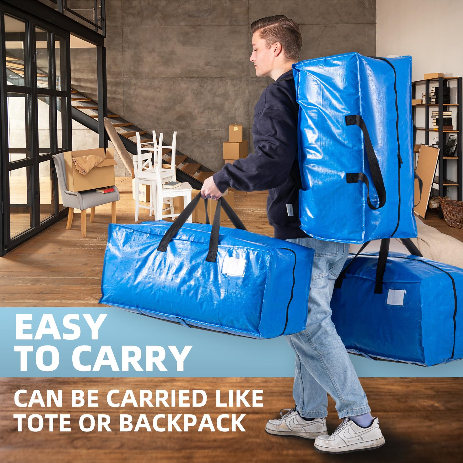 Tailink 8 Packs Extra Large Moving Bags With Backpack Straps & Carrying Handles, Heavy-Duty Blue Moving Boxes With Zippers, Extr