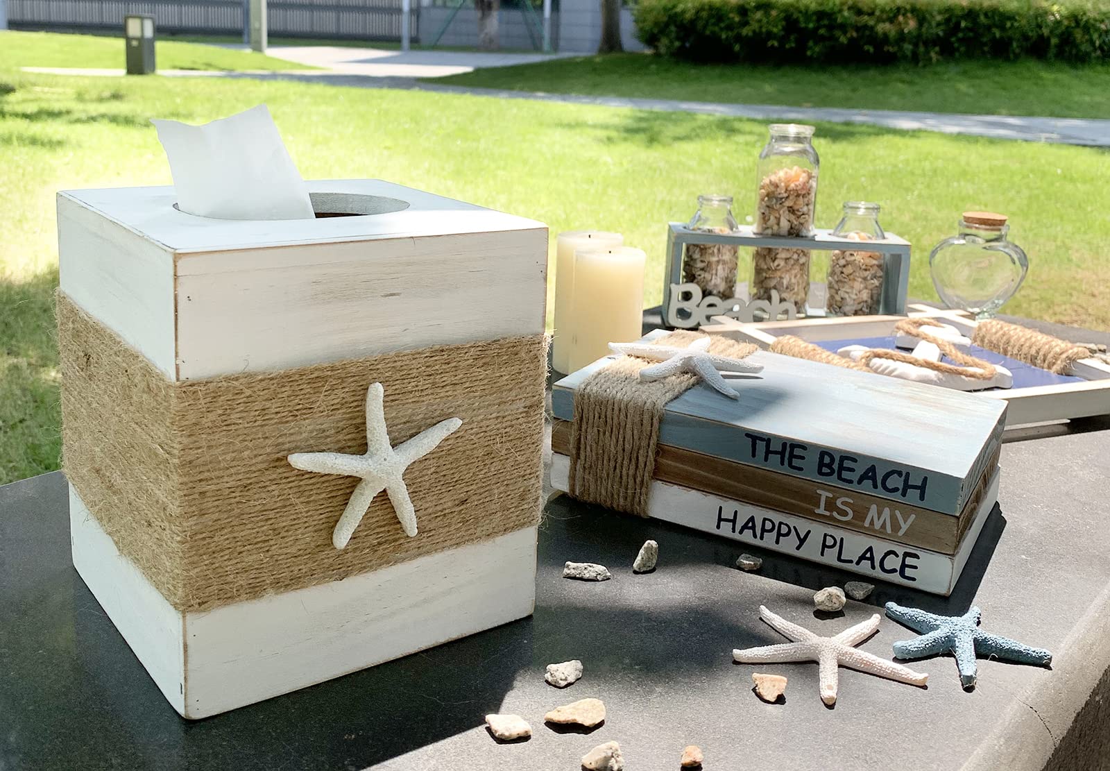 Somto Beach Rustic White Wood Square Tissue Box Cover,Farmhouse Bathroom Accessories Starfish Decor Tissue Holder With Slide-Out