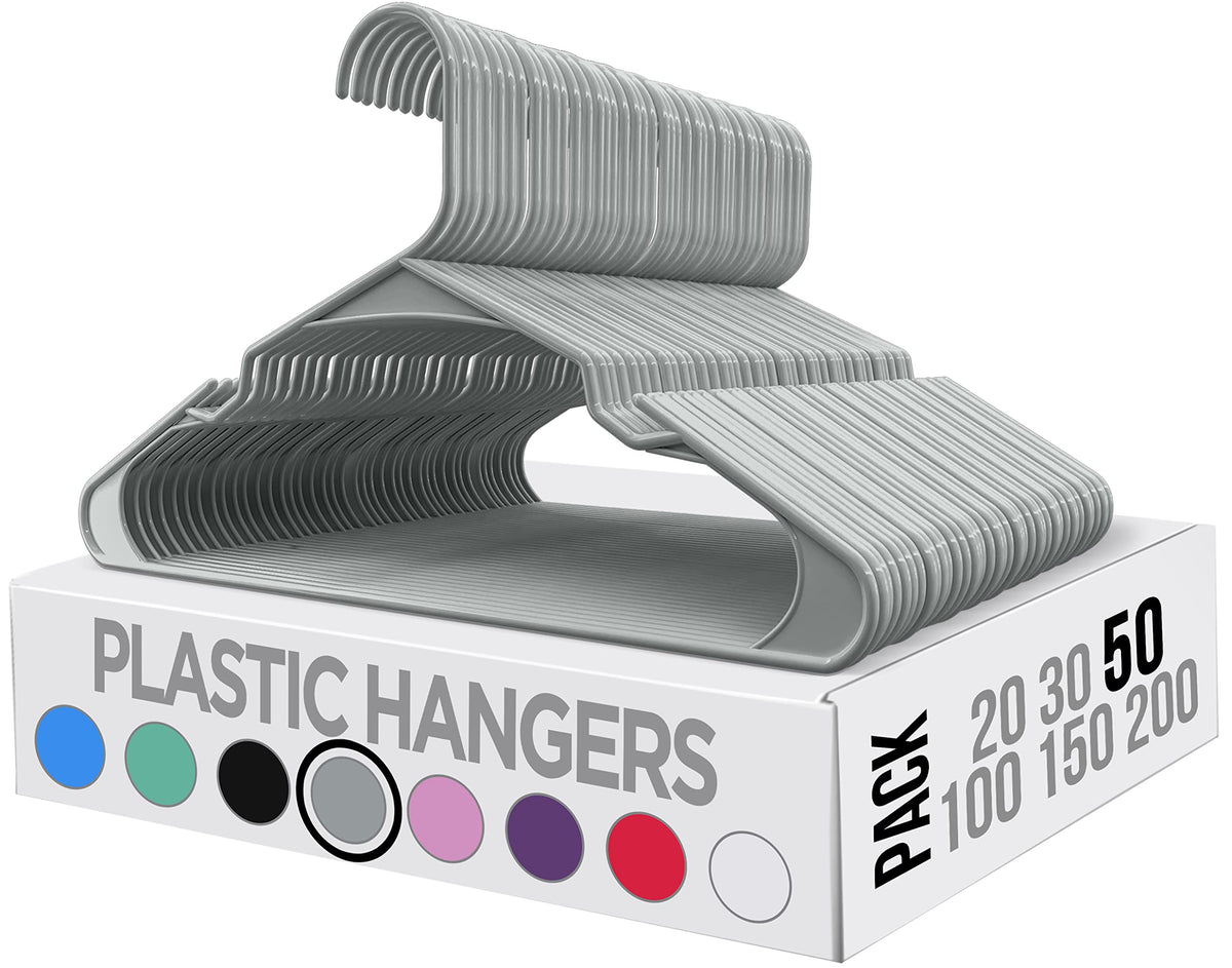 Utopia Home Clothes Hangers 50 Pack - Plastic Hangers Space Saving - Durable Coat Hanger With Shoulder Grooves (Grey)
