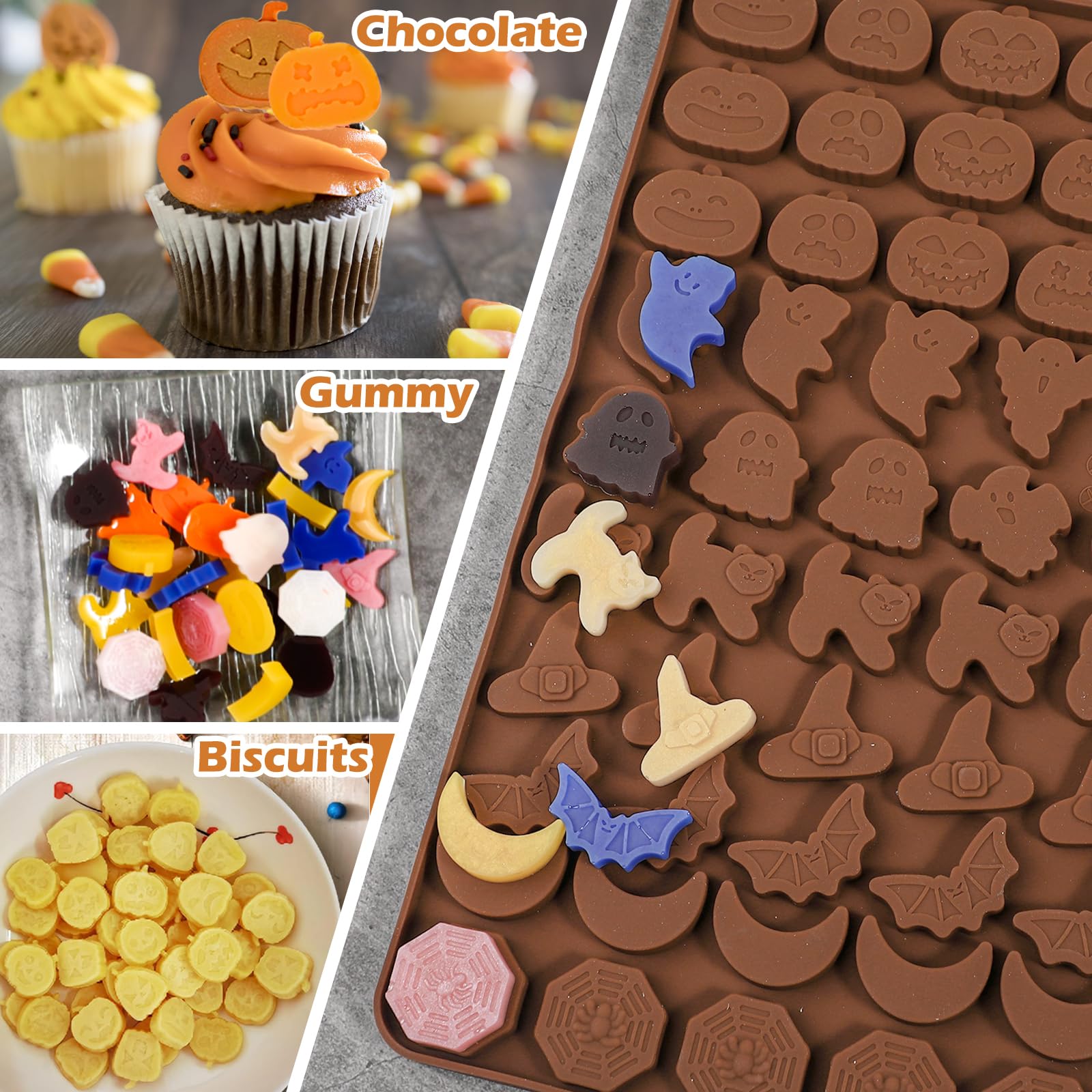 Kamehame Halloween Candy Gummy Mold, 2 Pieces 60 Cavity Mini Pumpkin Ghost Vampire Cat Hat Bat Moon Spider Web Silicone Molds Fo
