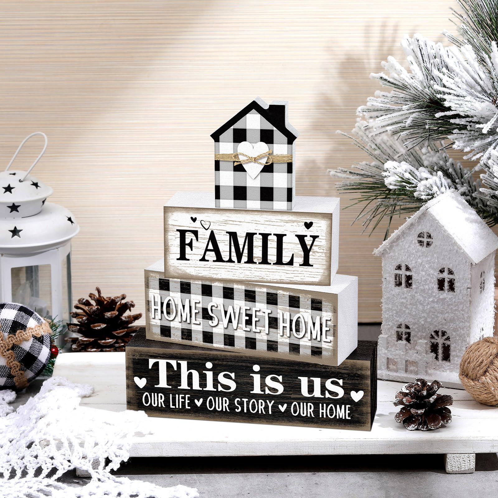 Cinnvoice Farmhouse Wooden Tabletop Decor Rustic Home Sweet Home Table Centerpieces This Is Us Block Sign Black and White Buffal