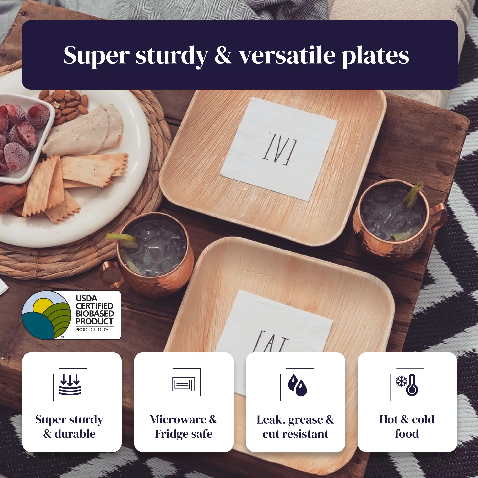 Kijani Palm Leaf Plates  Bamboo Plates Disposable Like  6 Inch Square 50 Pack  Biodegradable  Compostable & Eco-friendly  Premium  Sturdy  Durable & Heavy Duty Wood Style  Dessert Plates