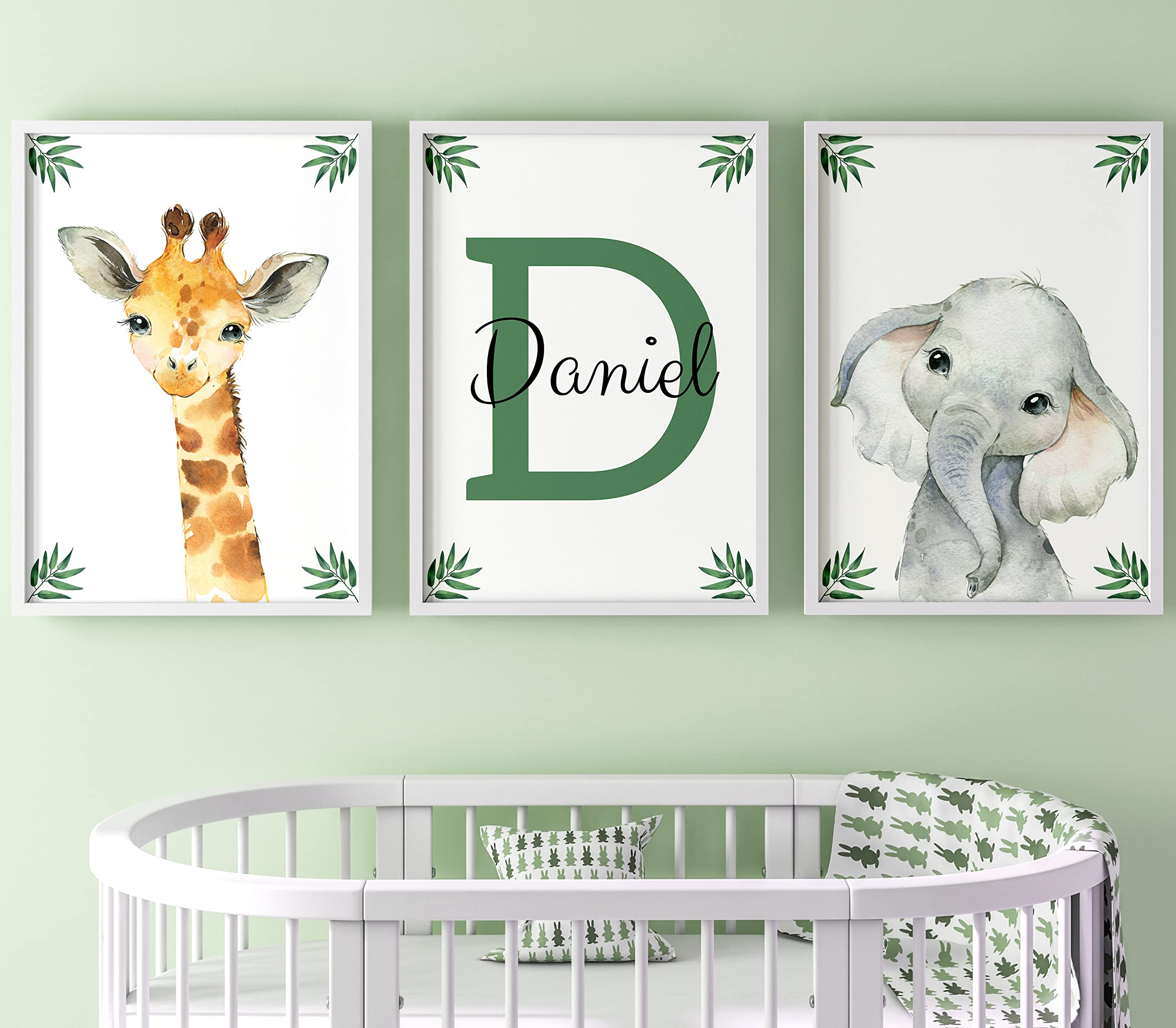 Personalized Safari Animals For Baby Boy Girl Nursery Bedroom Unframed Set Of 3 Poster Prints, Green Jungle Leaves Wall Art Deco