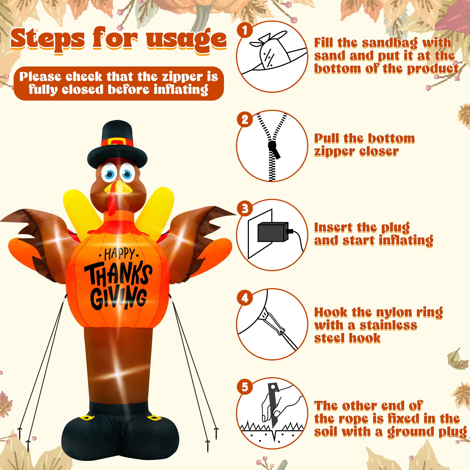 14FT Thanksgiving Turkey Inflatables, Extra Large Blow Up Thanksgiving Turkey Wearing Pumpkins, Pre-lit Happy Thanks Giving Outd