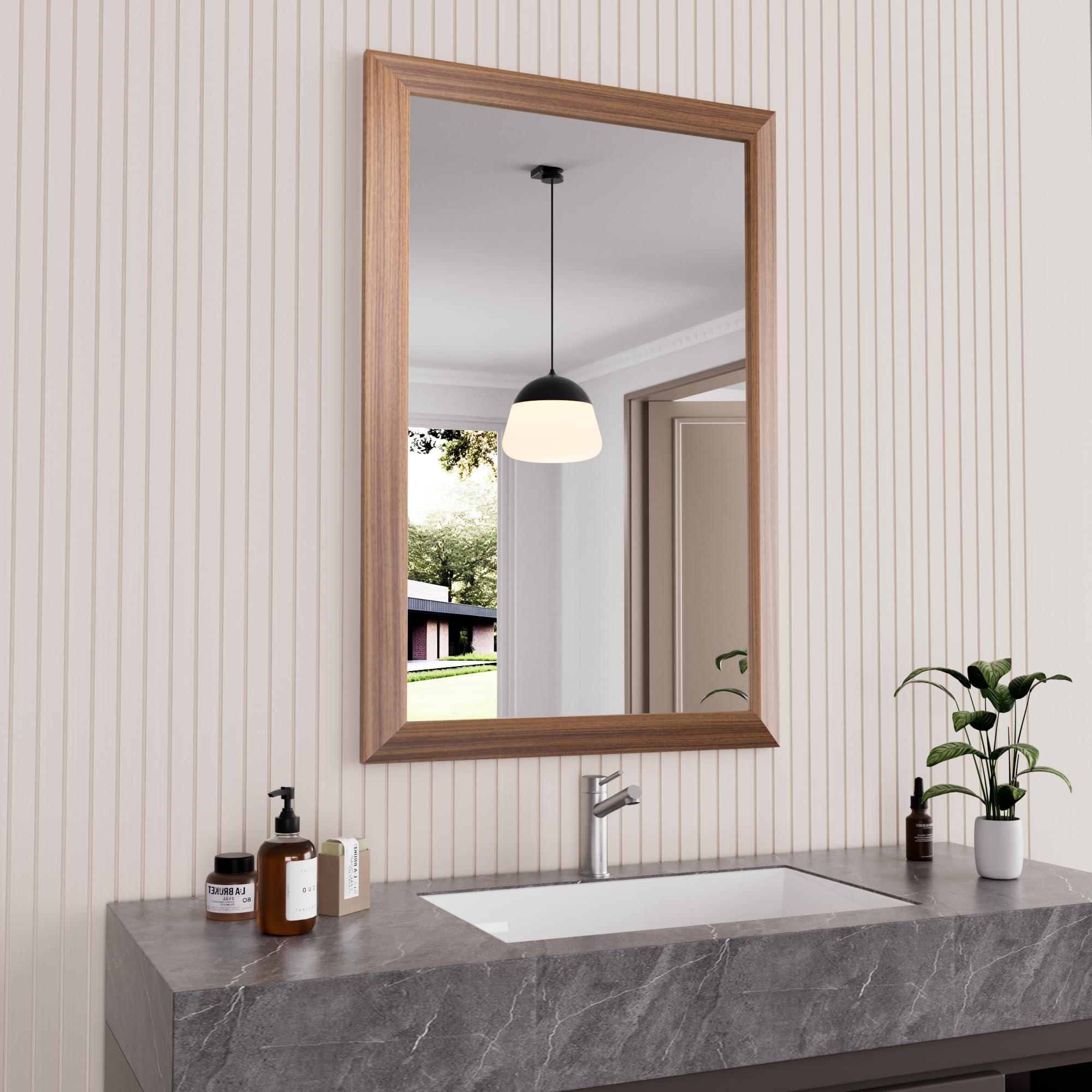 Amorho 24x36 Inch Bathroom Mirror for Wall, Walnut Wood Grain Metal Framed Mirror, Anti-Rust, Hang Horizontally/Vertically, Suit