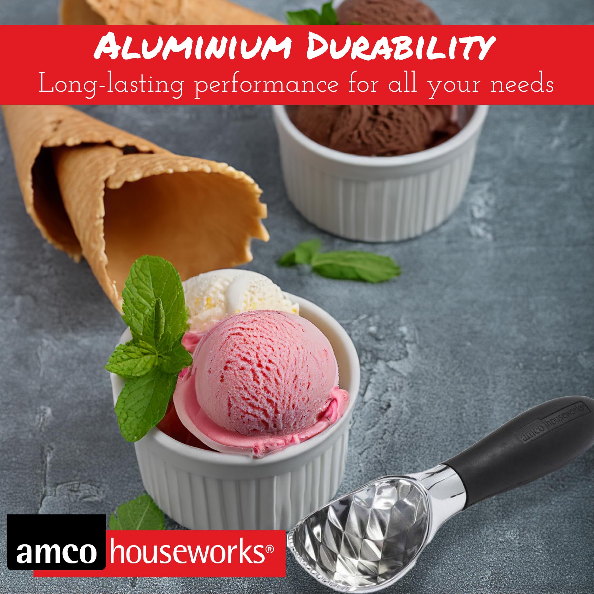 Amco 7.25'' Serrated Ice Cream Scooper | Aluminum | Dishwasher Safe | Comfortable Grip Handle For Smooth Serving Experience | Id