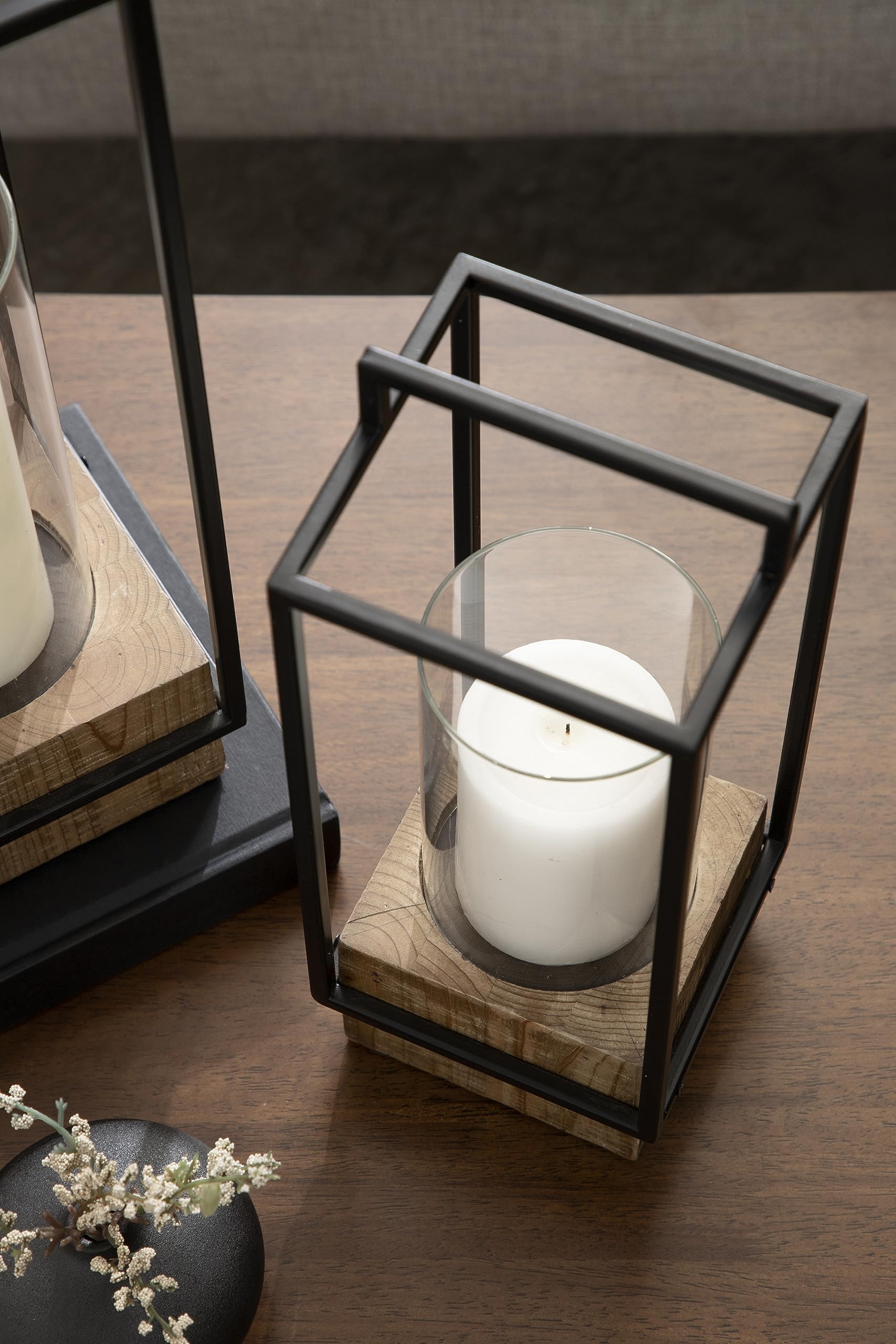 Kate and Laurel Brandt Farmhouse Two-Piece Candle Holder Set, 7 x 7 x 19, Hazelnut and Black, Transitional Wood and Metal Lanter
