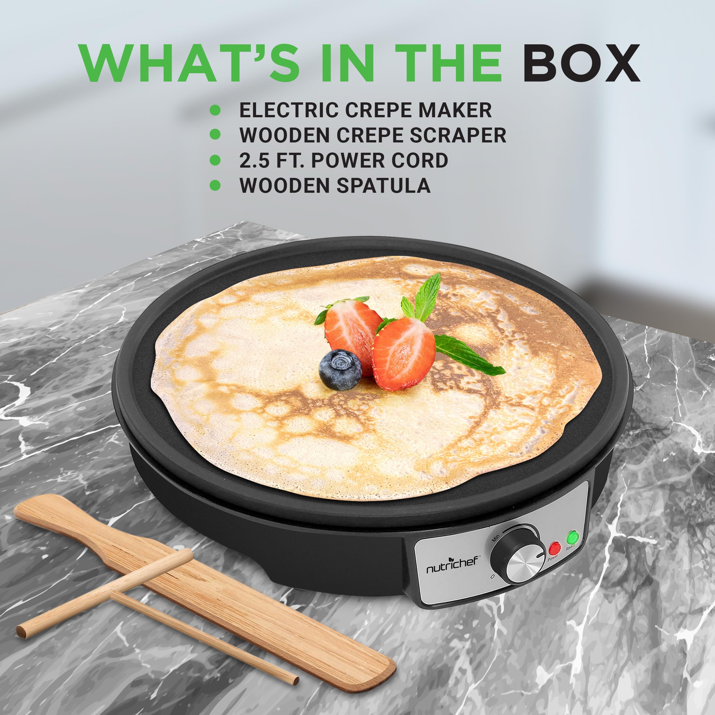 Electric Crepe Maker Pan & Griddle - 12 Inch Nonstick Cooktop - LED Indicators & Adjustable Temperature Control - Includes Spatula  Batter Spreader - Cooks Crepes  Roti & Pancakes