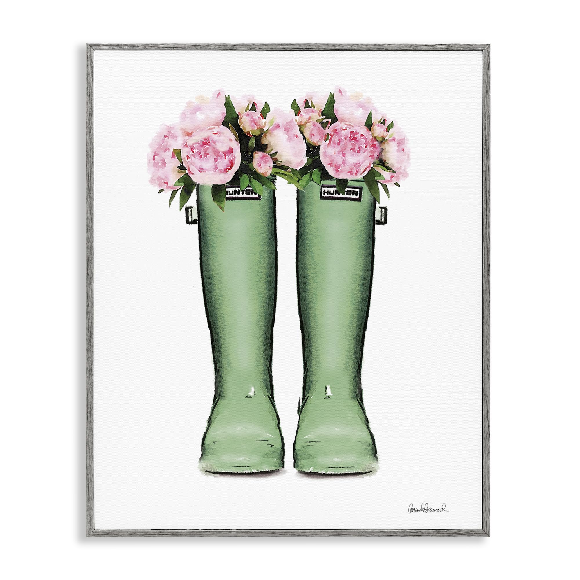 Stupell Industries Country Boots with Peonies, Framed Giclee Art, Gray, 16 x 20 Inches, Easy to Hang and Sturdy, Made in USA, 
