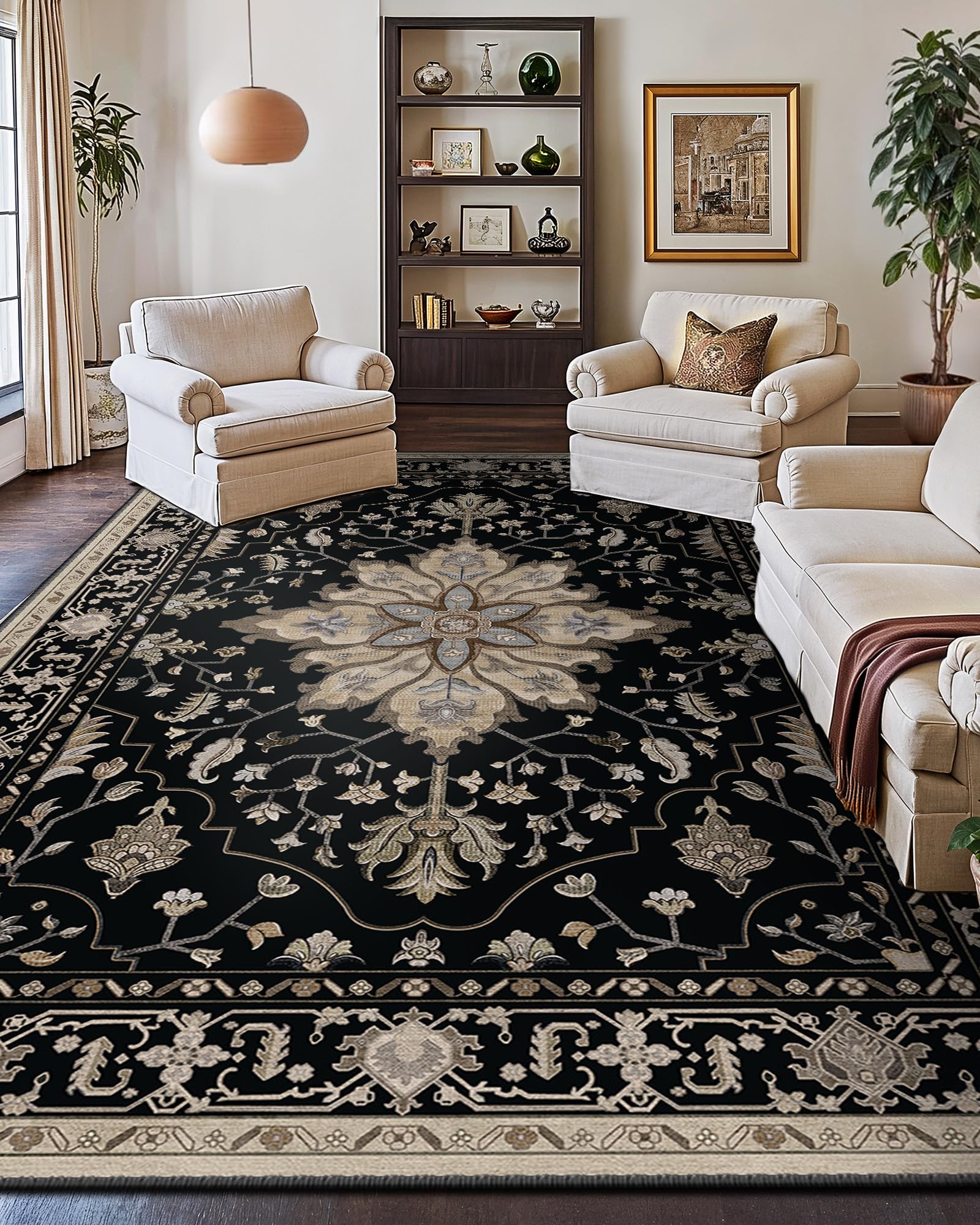 RELEANY Area Rugs 10x14 Washable Non-Slip, Floral Vintage Distress Print Pattern Medallion Carpet for Living Room Bedroom Dini
