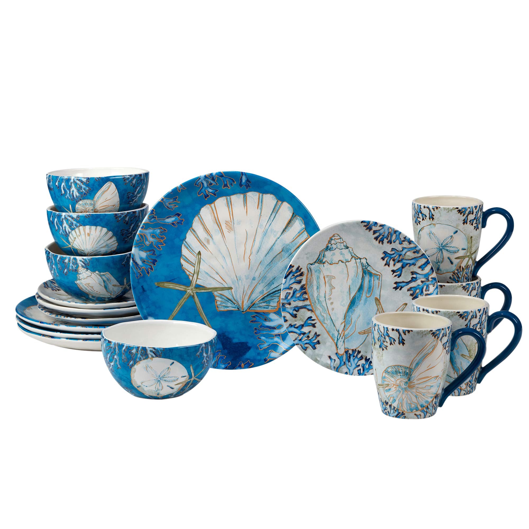 Playa Shells 16Piece Coastal Dinnerware Set Service for 4  Ceramic Plates, Bowls & Mugs with Beach Shell Art  Great for Every