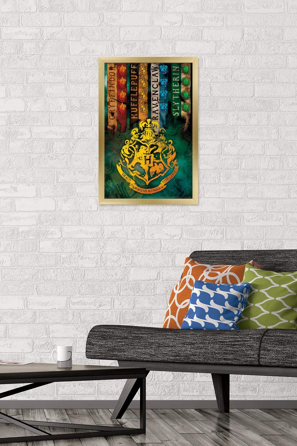 Trends International The Wizarding World: Harry Potter - House Crests Wall Poster, 14.725'' X 22.375'', Gold Framed Version