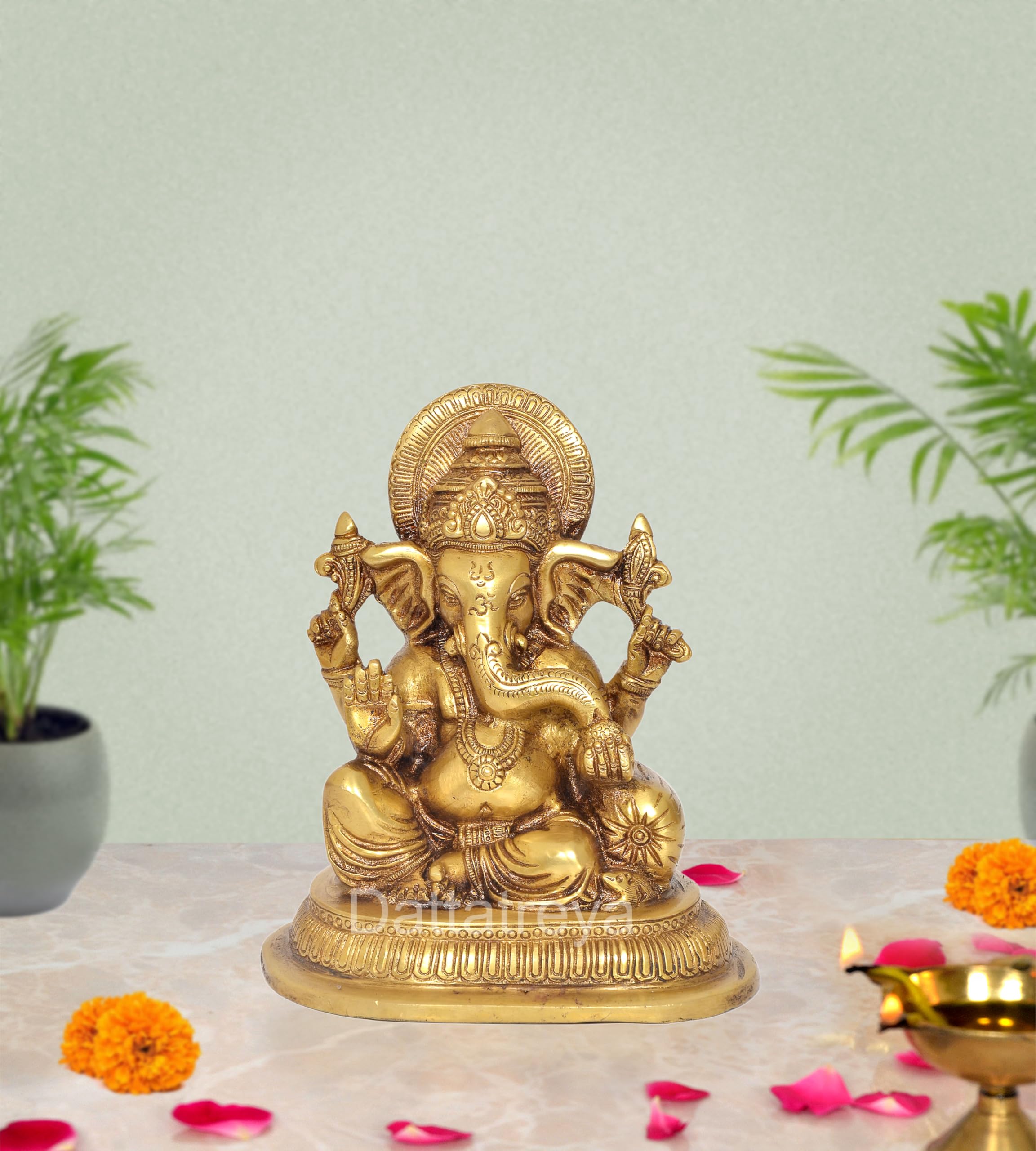 Dattatreya Brass Lord Ganesha Religious Statue Idol Ganesh Murti Home Decor Office Puja Mandir (Height 7.5 Inch)