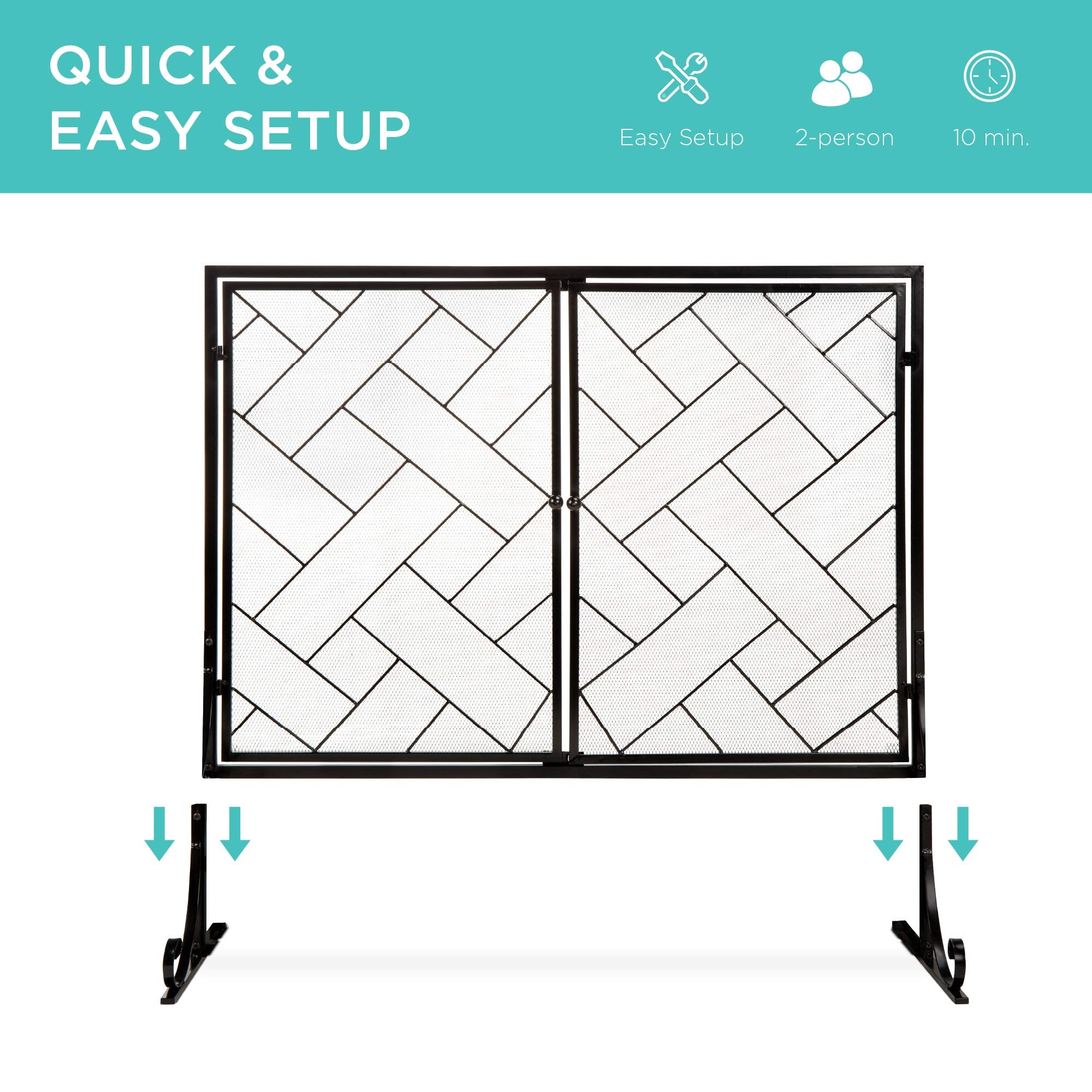 Best Choice Products 44x33in 2-Panel Handcrafted Wrought Iron Decorative Mesh Geometric Fireplace Screen  Fire Spark Guard w/Magnetic Doors - Black
