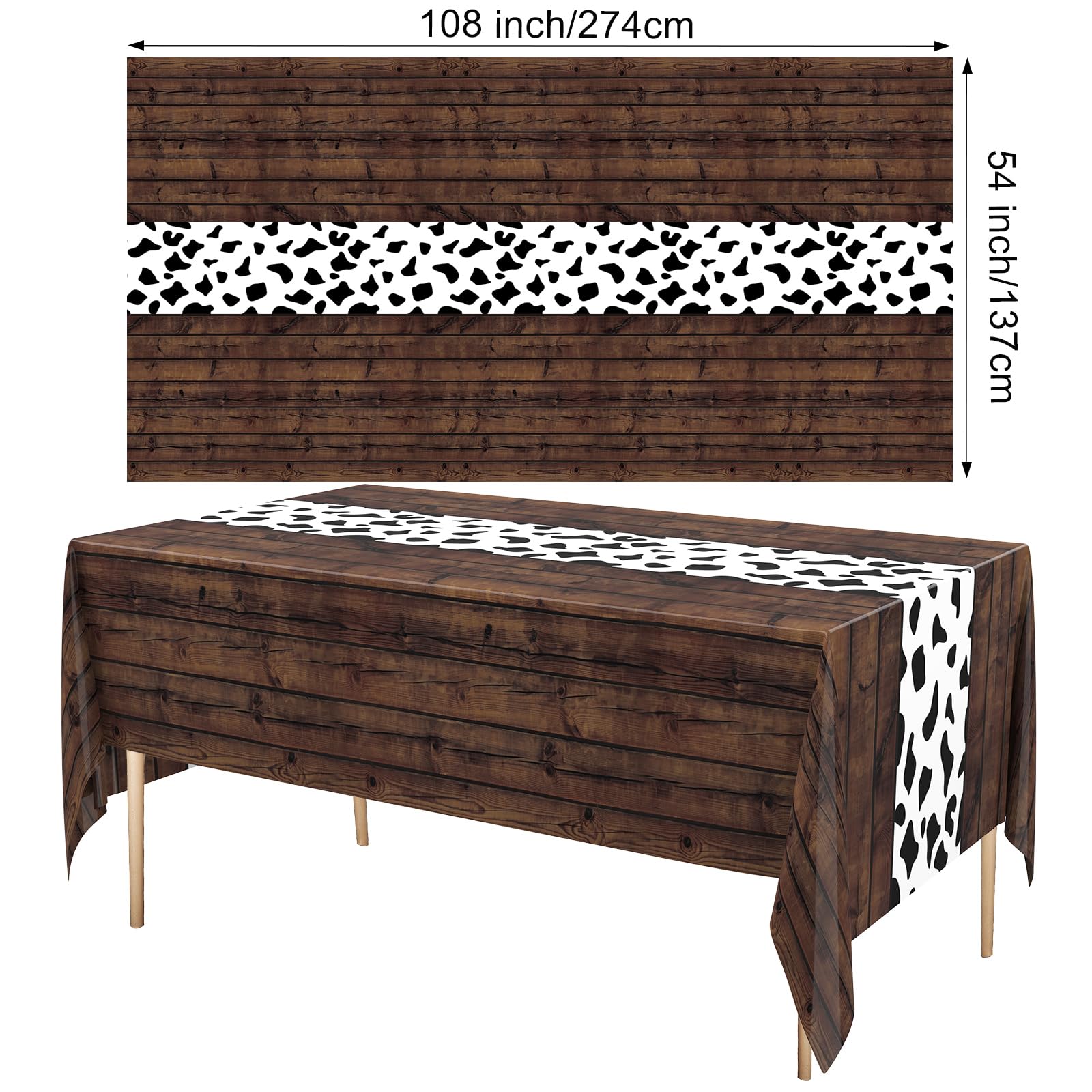 Remagr 6 Pcs 54 x 108 Inch Cow Print Table Runner Western Tablecloth for Cowboy Party Decor My First Rodeo Table Cloths Plastic