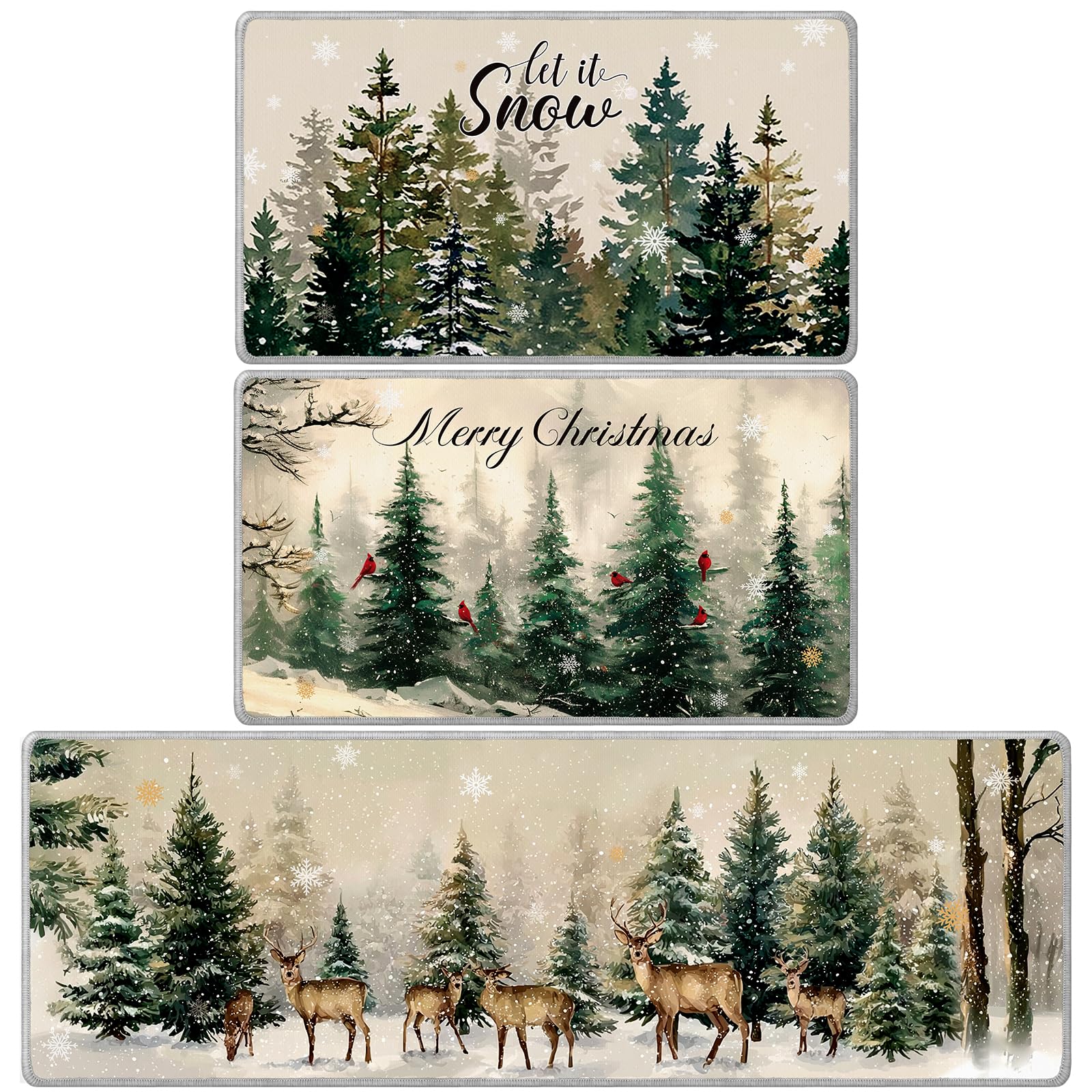 InIsaJace Christmas Winter Kitchen Rugs Set of 3, Merry Christmas Kitchen Mats Decor Non Slip, Washable Snow Pine Tree Elk Mats 