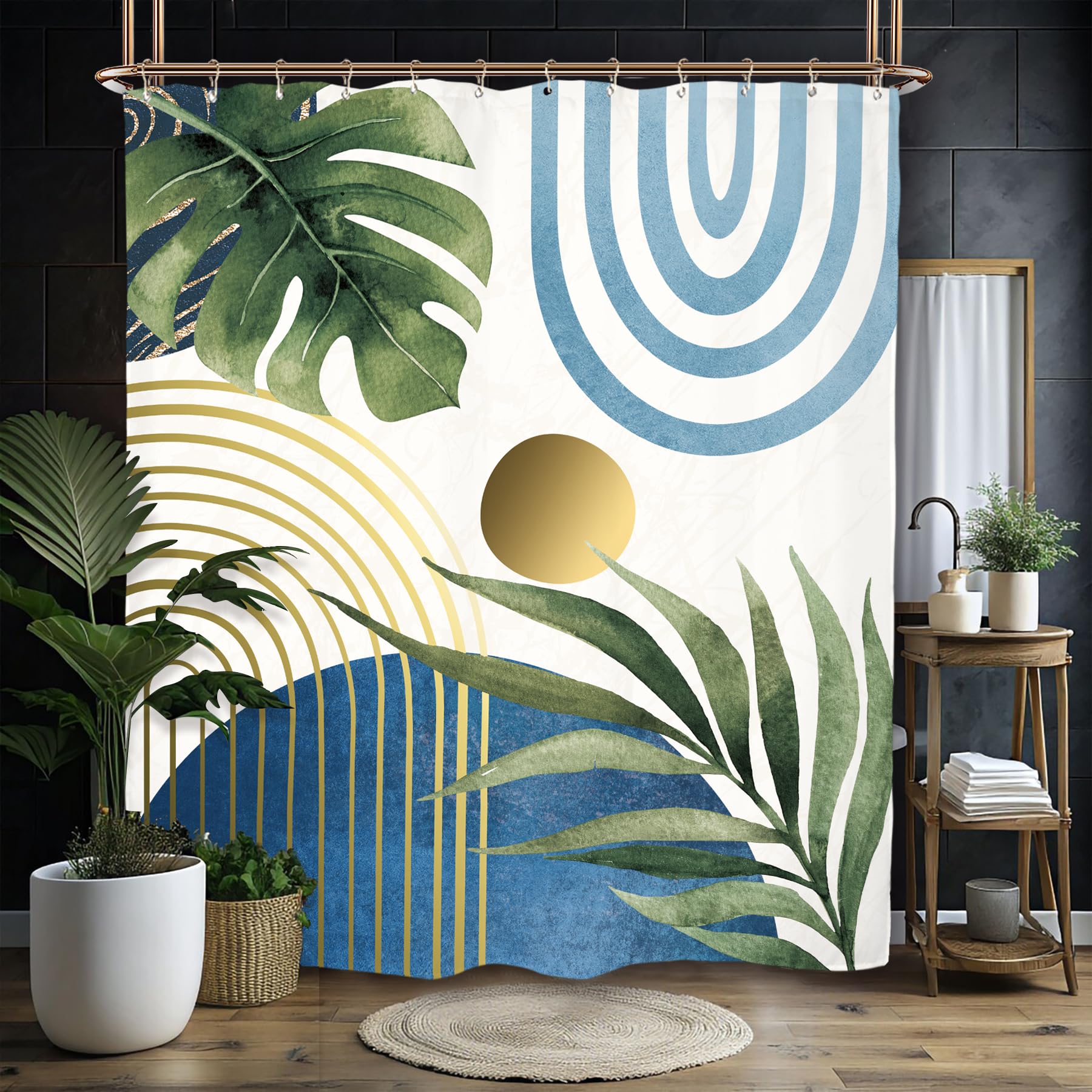 Miyotaa Abstract Blue Modern Shower Curtain Set 60Wx71H Inches Minimalist Aesthetic Mid Century Contemporary Plant Monstera Leav