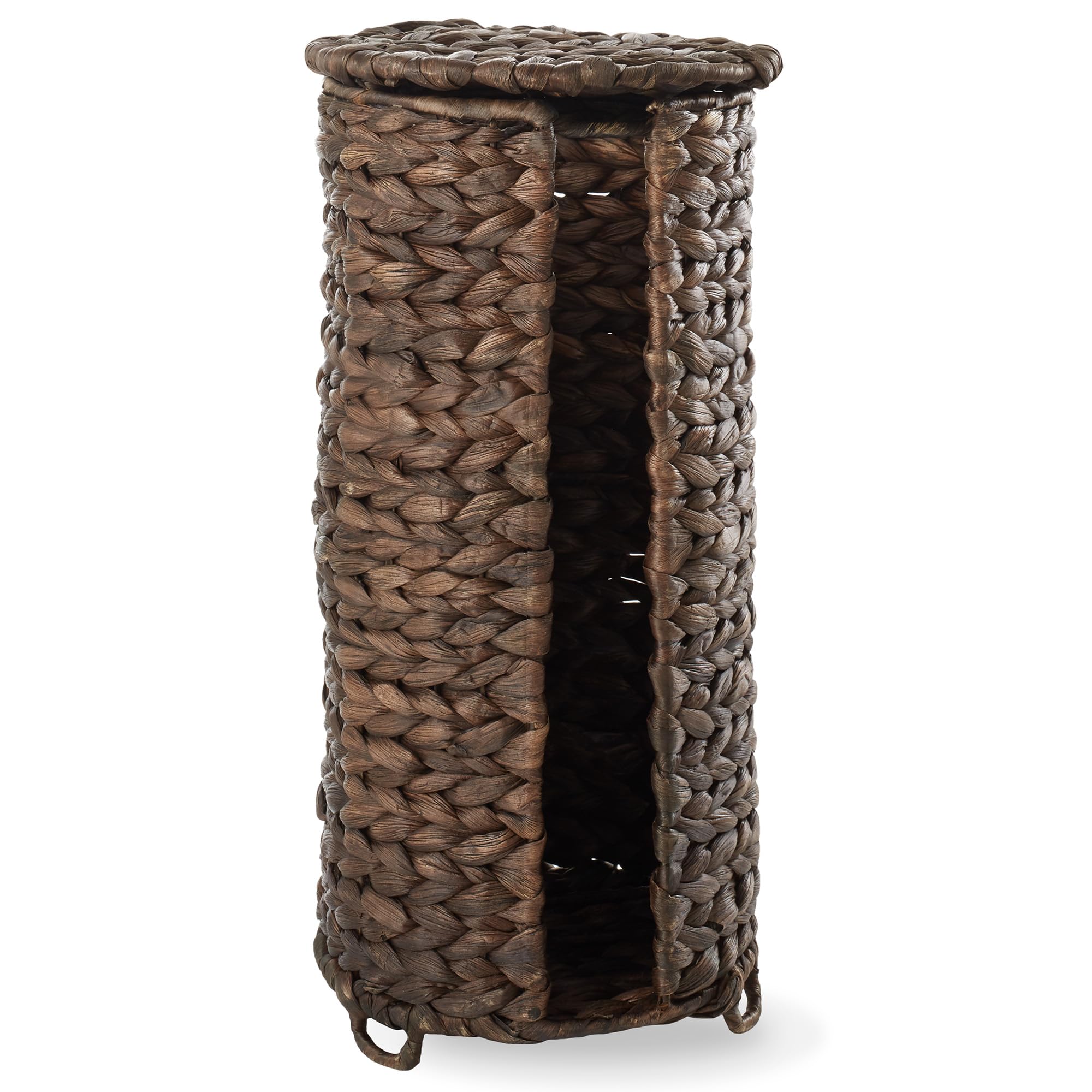 Casafield Free Standing Toilet Paper Storage Roll Holder with Lid - Espresso, Fits 3 Rolls, Water Hyacinth Bath Tissue Organizer