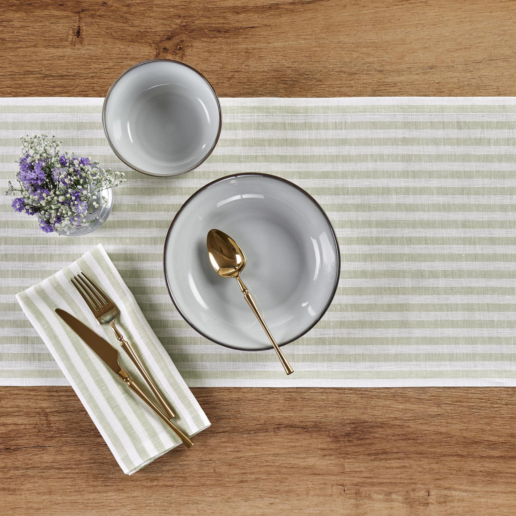 Solino Home Stripe Linen Table Runner 90 Inches Long - 100% Pure Linen Sage And White Dining Table Runner 14 X 90 Inch Ideal For