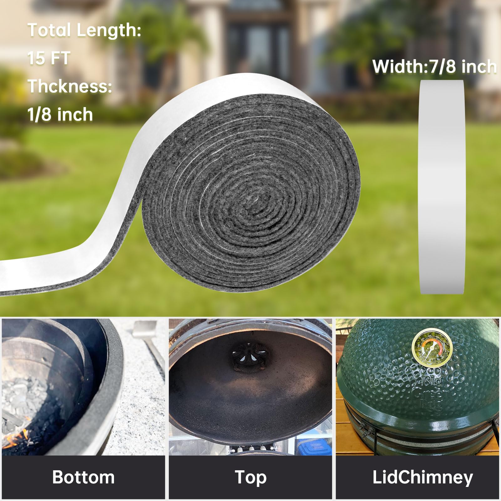 High Temp Grill Gasket Replacement Compatible Fit L/Xl Big Green Egg Ceramic Lid Top Bbq Smoker Gasket,Self Stick Felt 15 Ft Lon