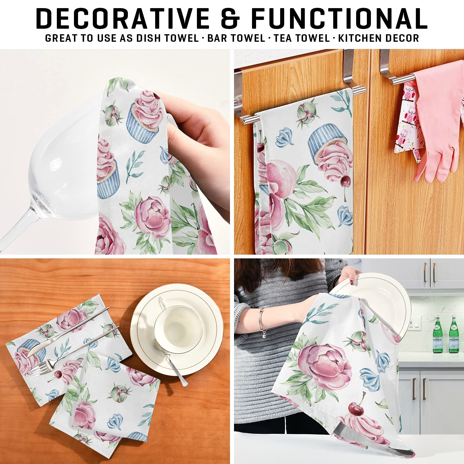 Cupcakes Floral Kitchen Towels Flowers Cakes Leaves Dishcloths Set 1 Pack Hand Dish Towel Tea Bar Towels 18 X 28 In Cleaning Clo