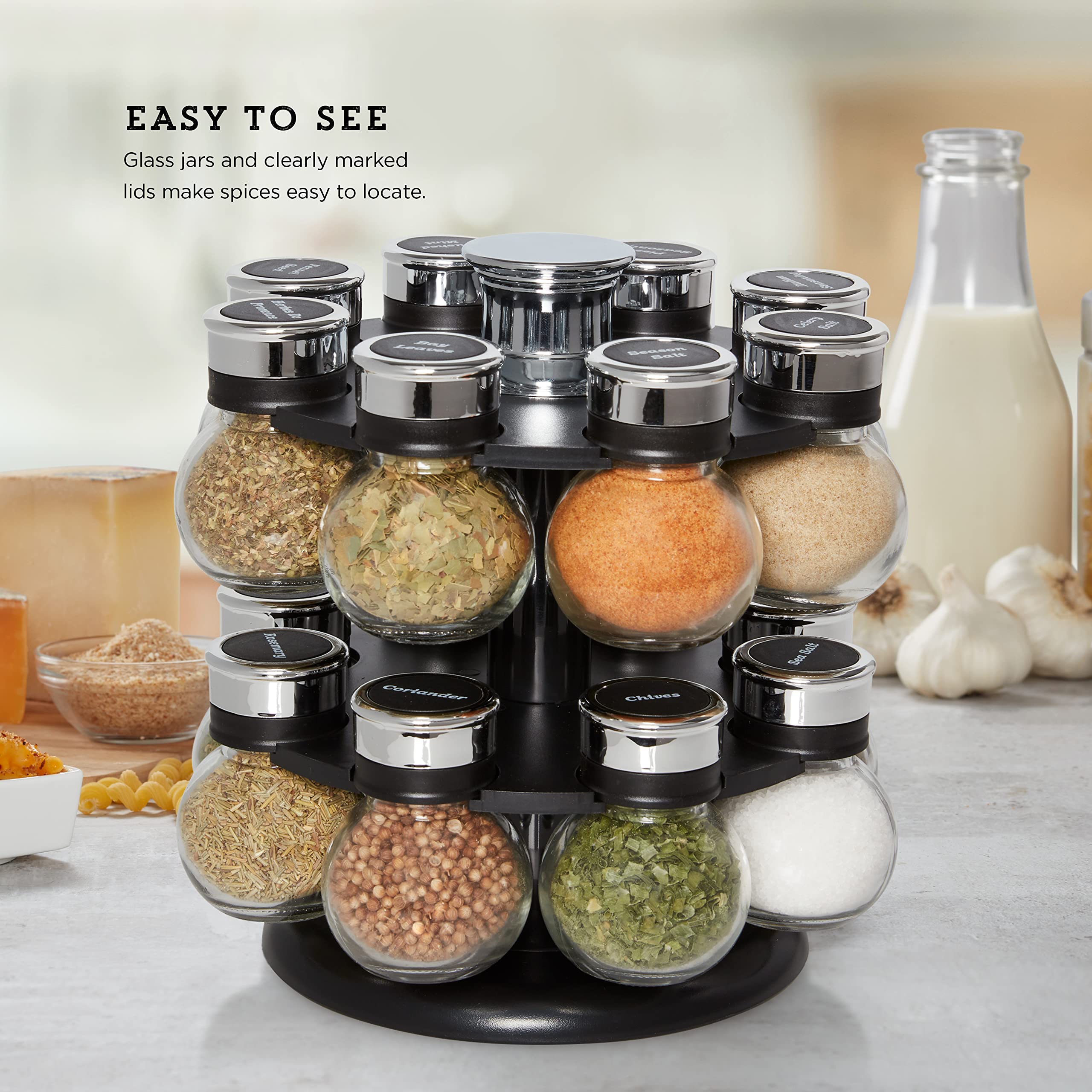Kamenstein 16 Jar Ellington Revolving Countertop Spice Rack With Lift & Pour Caps And Spices Included, Free Spice Refills For 5