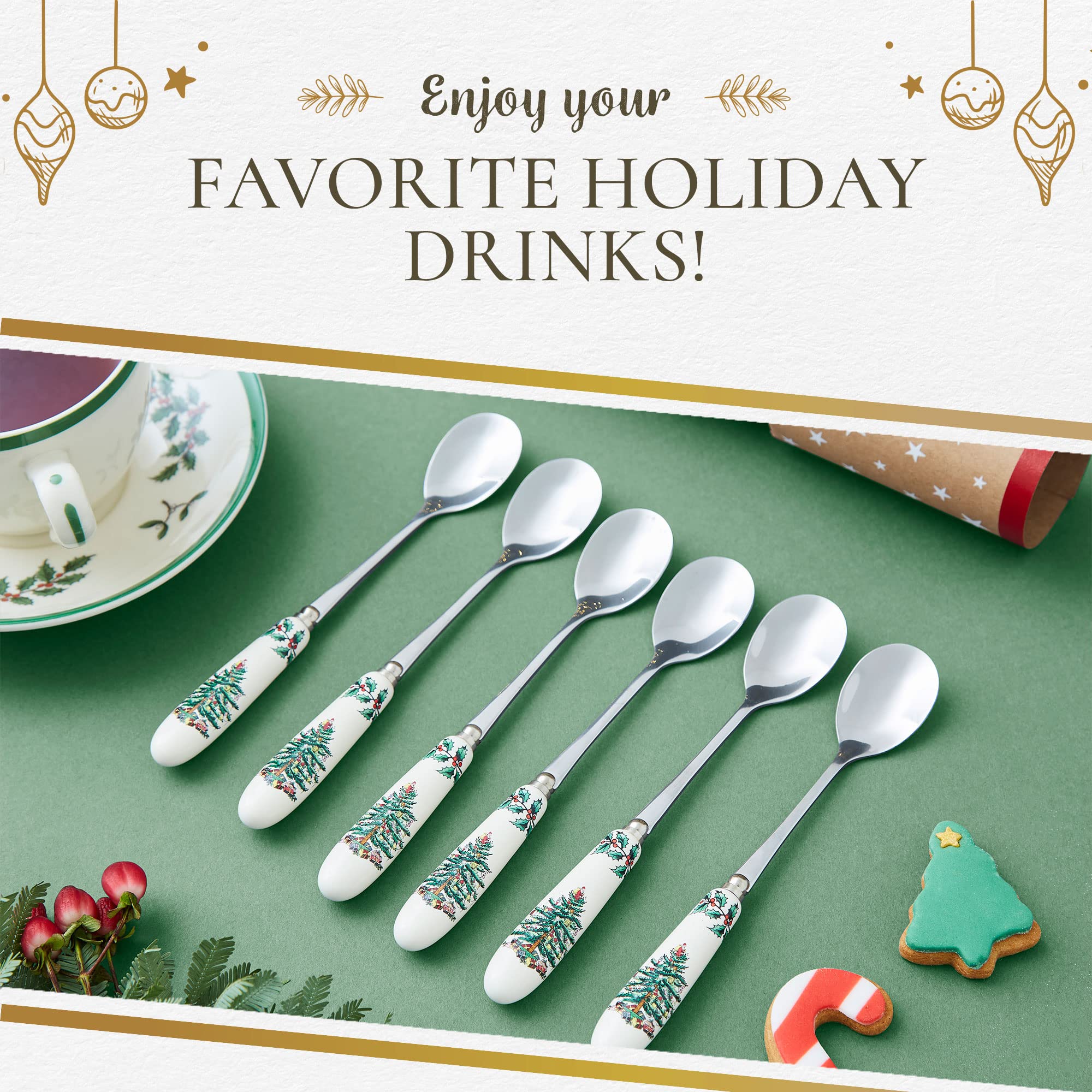Portmeirion Christmas Tree Collection Teaspoons, Set Of 6, Holiday Silverware, Dessert Spoons, Flatware, Made Of Porcelain And S
