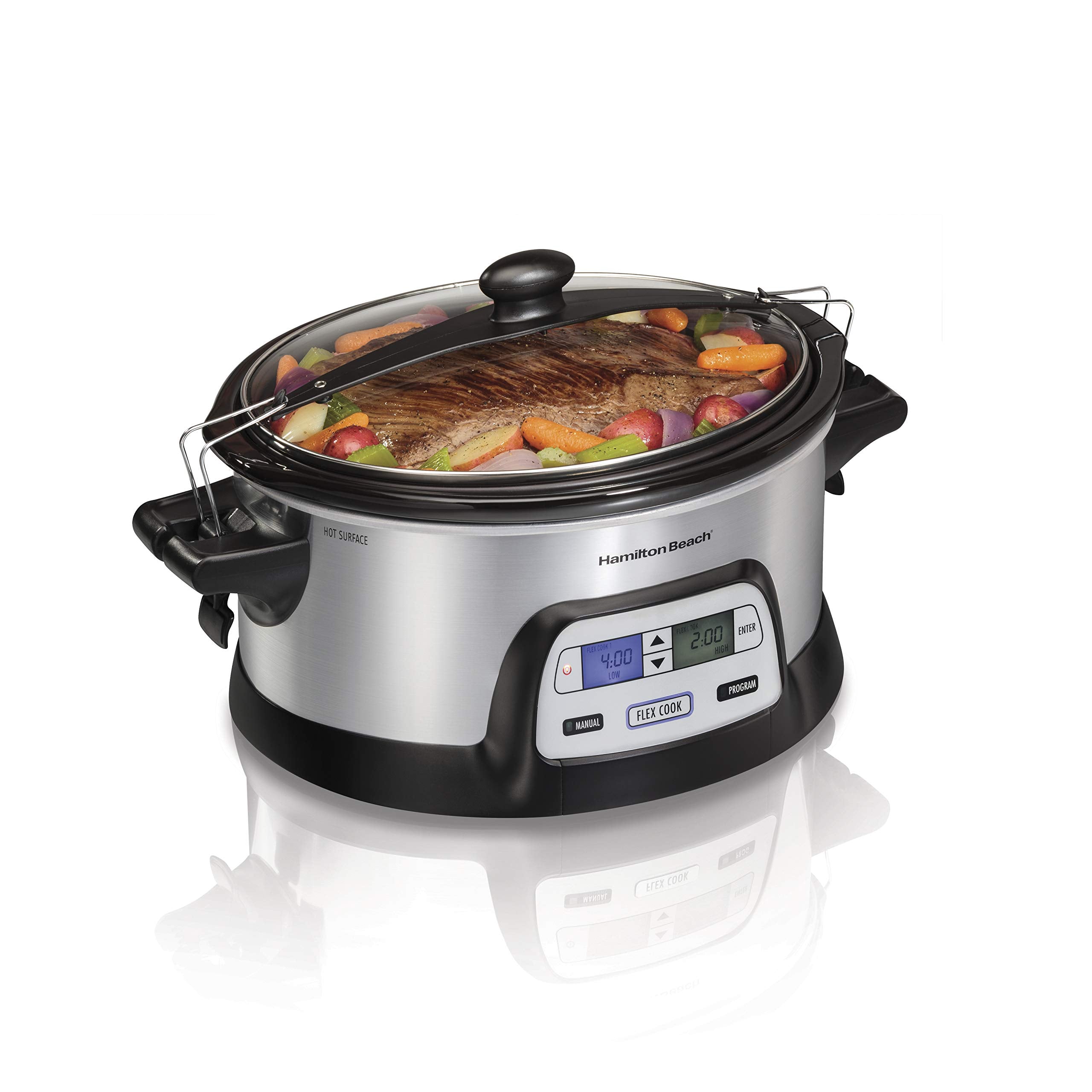 Hamilton Beach 33861 Portable Programmable Slow Cooker, Dishwasher Safe Crock, 6 Qt, Flexcook Dual Digital Timer/2 Heat Settings