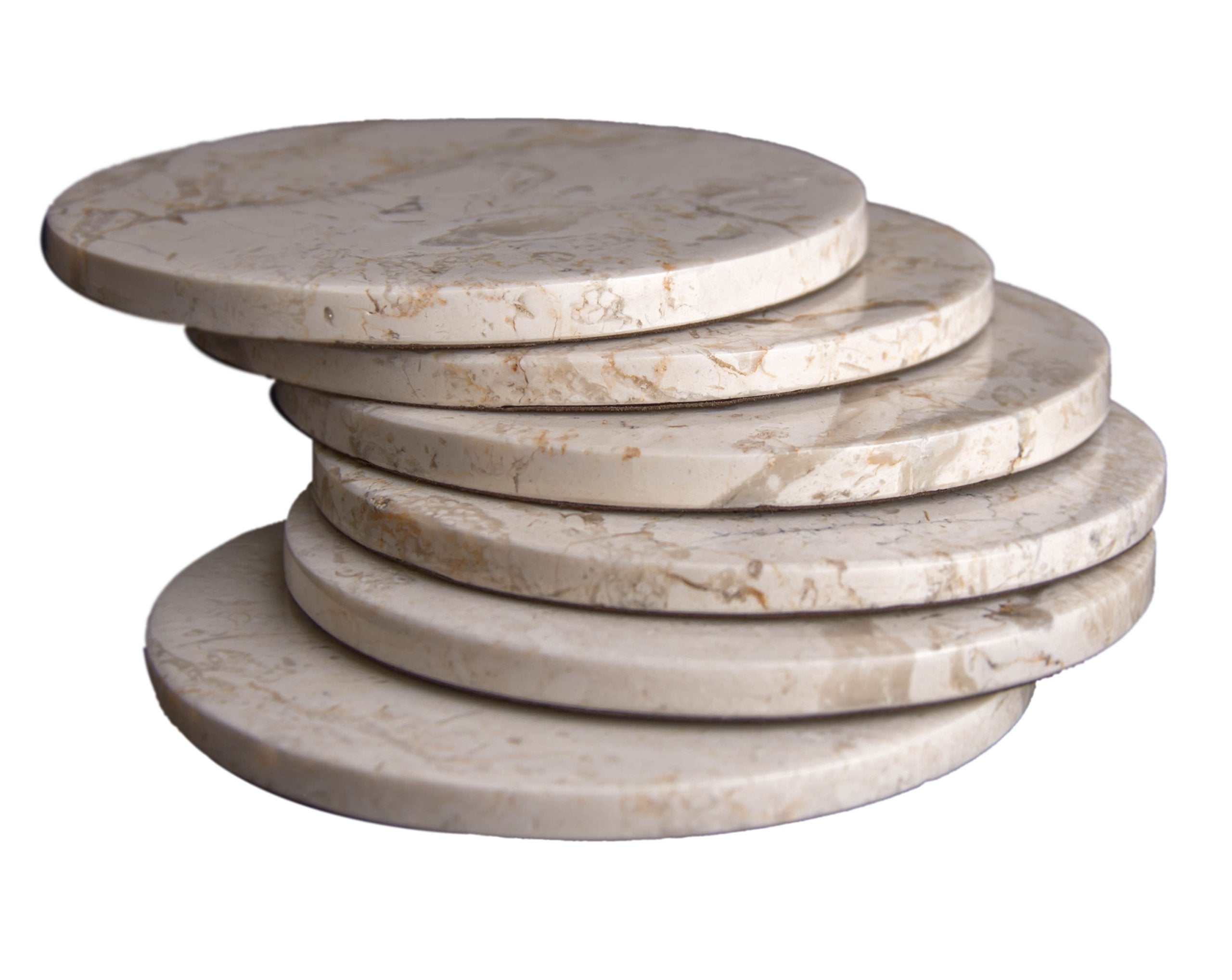 Set Of 6 - Beige Marble Stone Coasters Polished Coasters - 3.5 Inches (9 Cm) In Diameter - Protection From Drink Rings -Craftsof