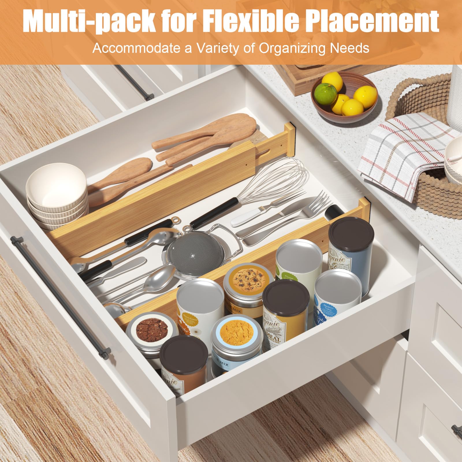 Ryqtop Bamboo Drawer Dividers,17-22'' Adjustable Kitchen Drawer Organizer for Clothes,8 Pack Expandable Drawer Organization Sepa
