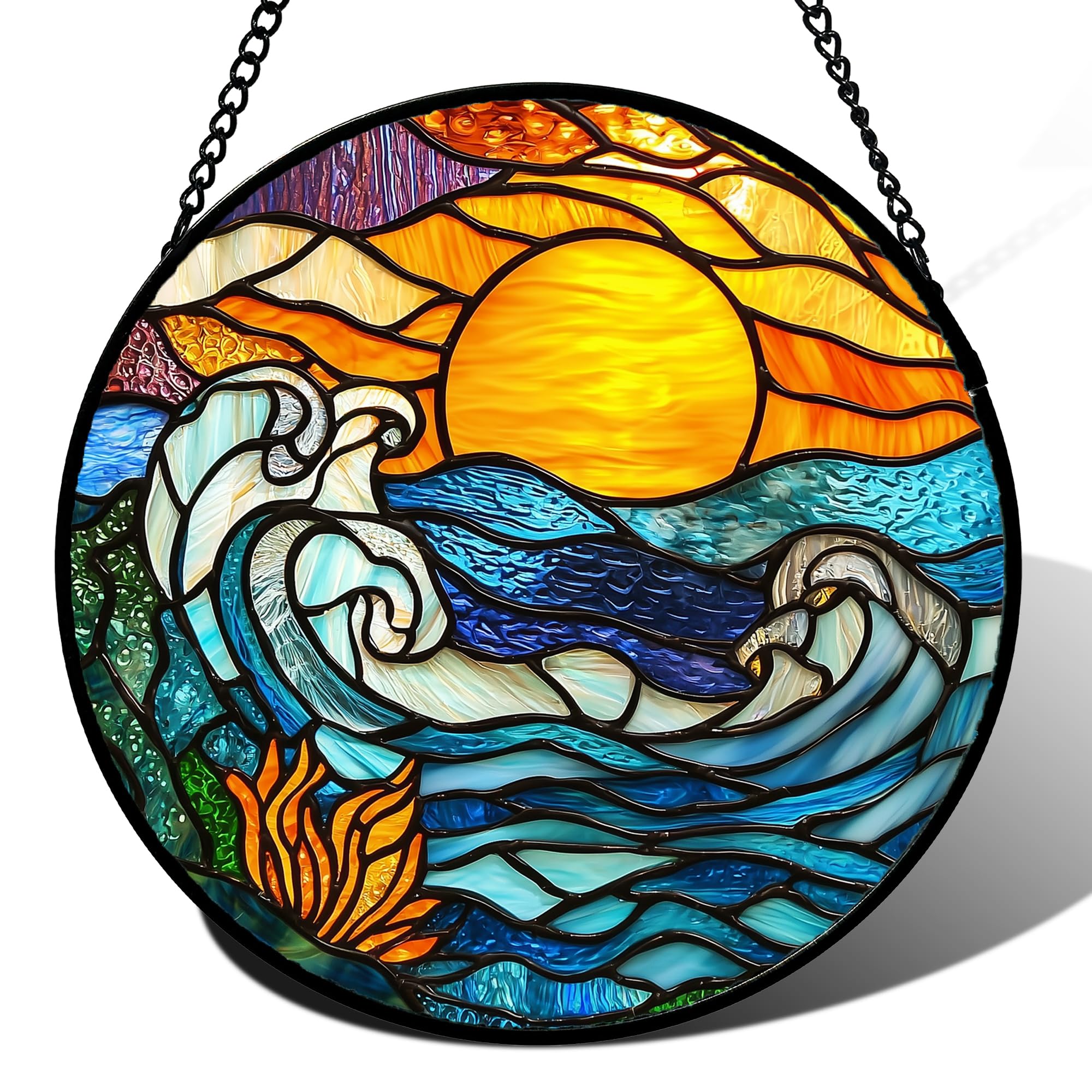 JOSUMALY Stained Glass Window Hanging, Orange Sun Blue Sea Waves Landscape Suncatcher for Doors Window Home Sun Catchers Decor M
