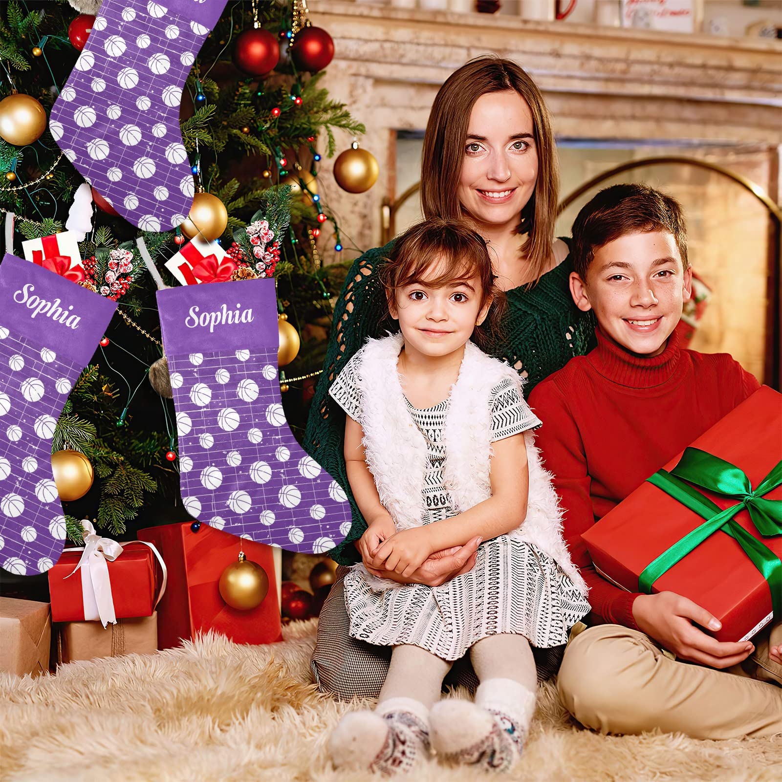 Personalized Purple Basketball Wood Floor Custom Family Xmas Stockings with Name for Home Christmas Party Ornaments Decoration17