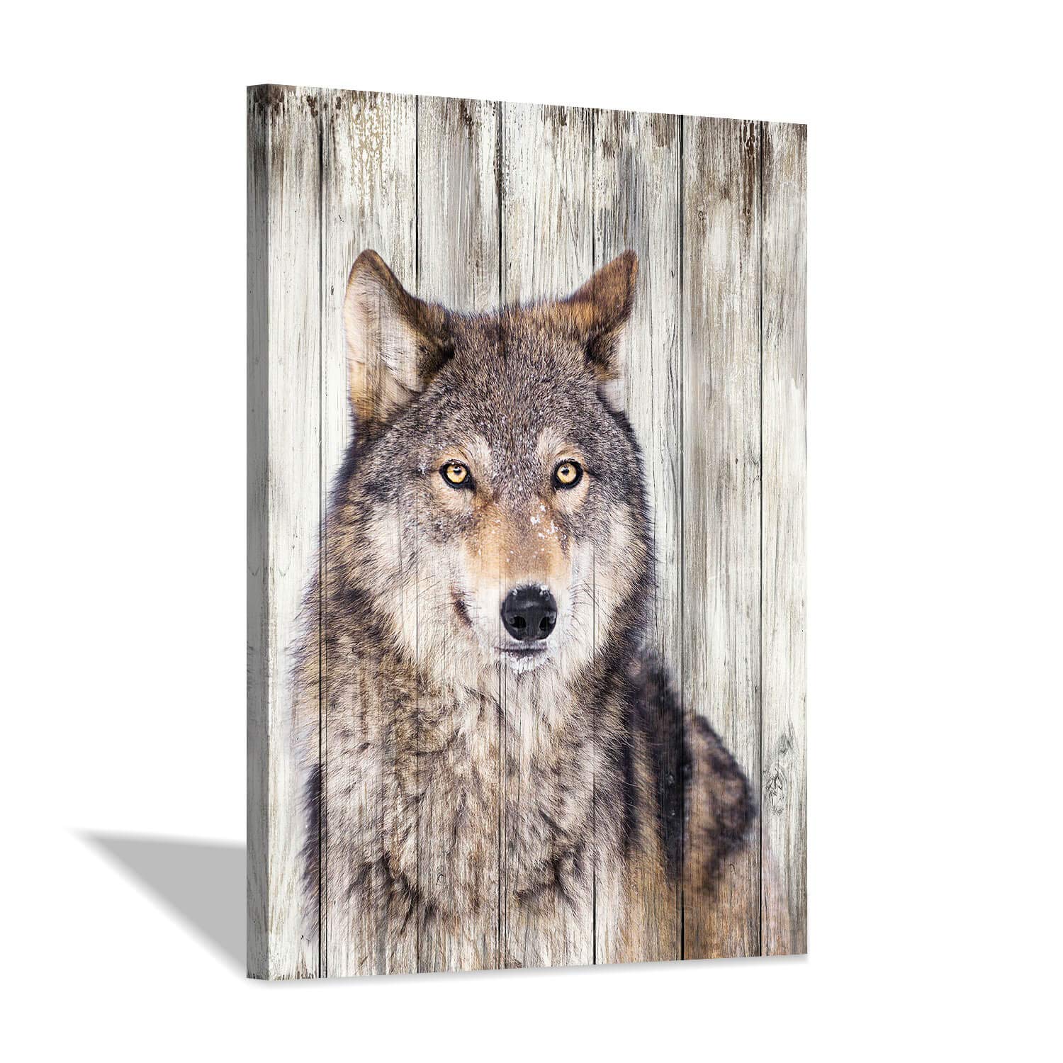 Gray Wolf Canvas Wall Art: Rustic Wooden Textured Background Wild Animal Artwork Wildlife Painting Picture Print For Living Room