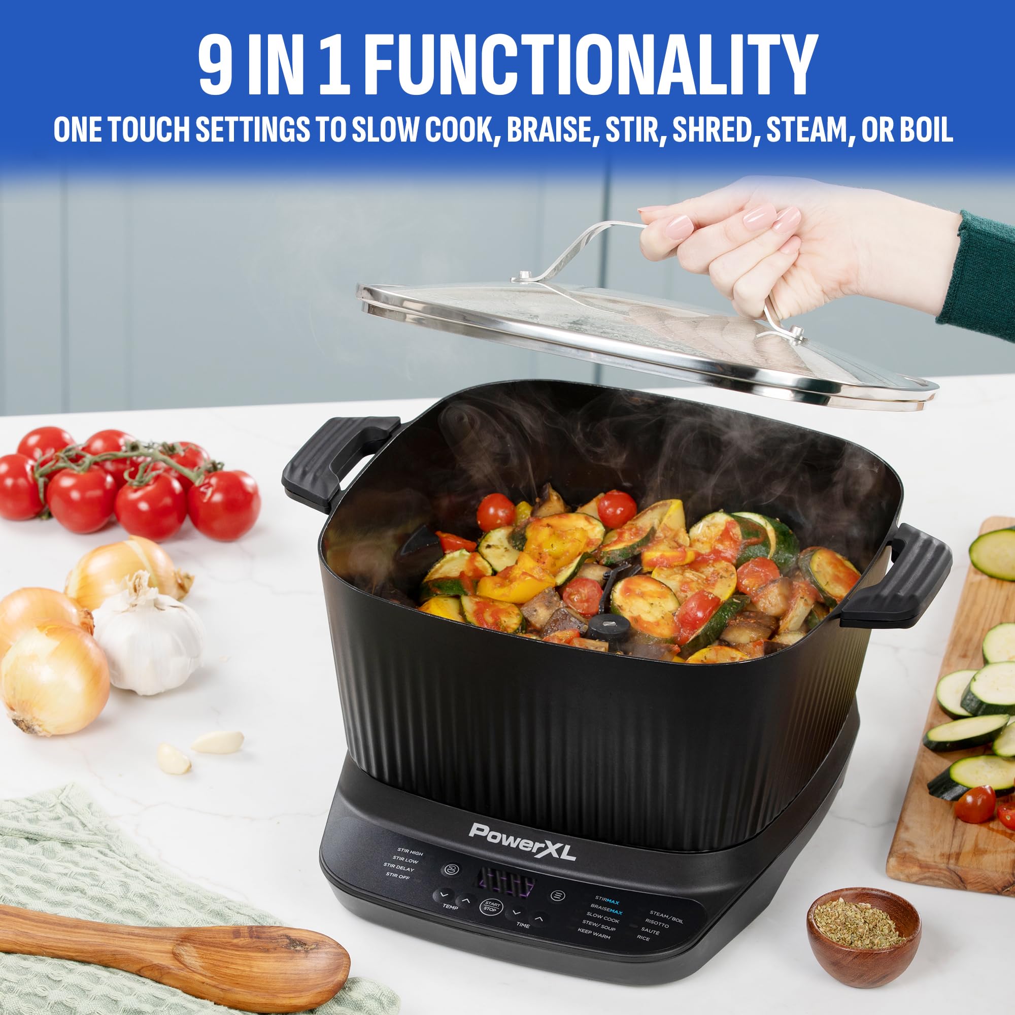 Stirmax Deluxe 7.5 Quart Digital Multi-Cooker With Automatic Paddle To Stir And Shred, 9 In 1 Programmable Presets To Saut  , Se