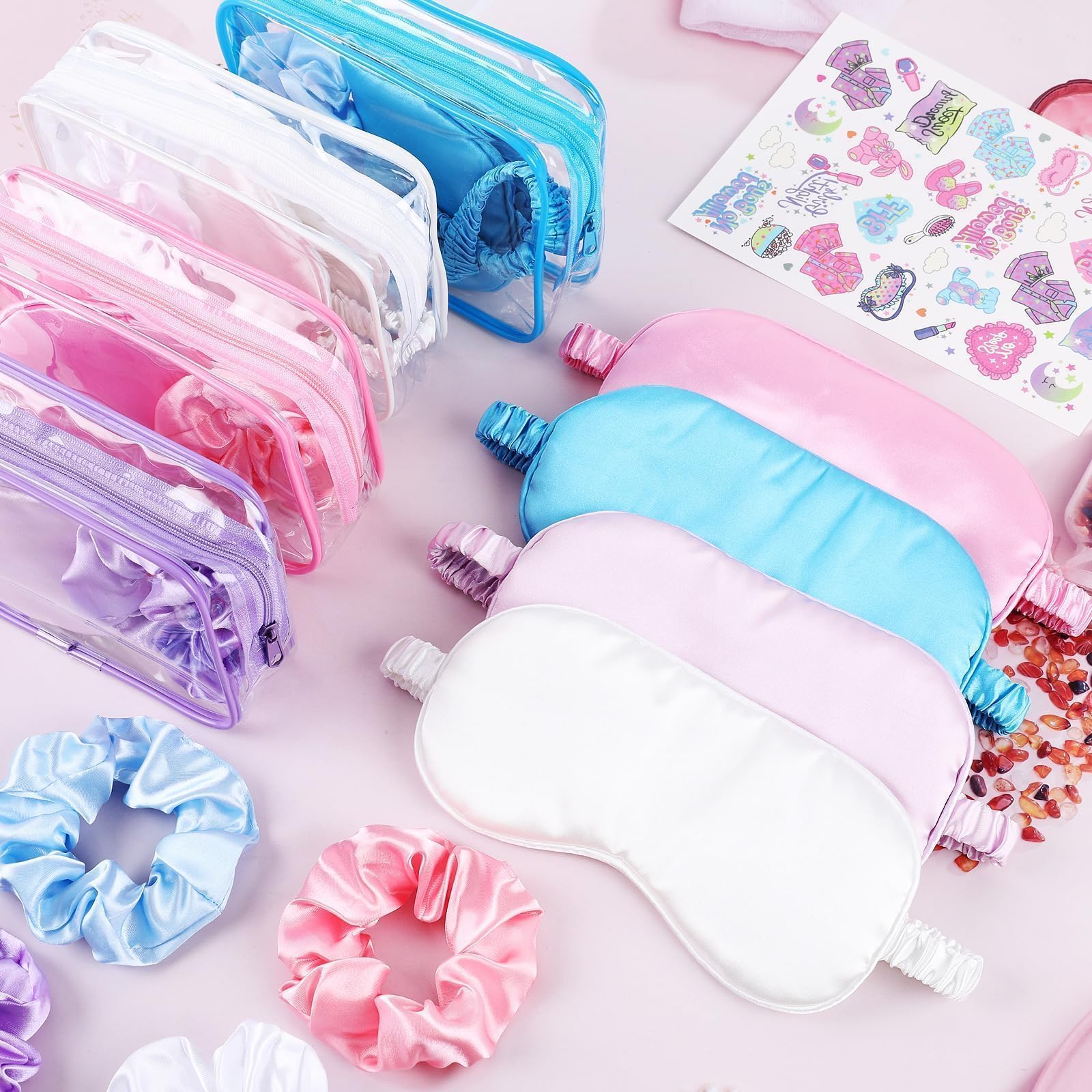 YLOLUL 16 Pcs Spa Sleepover Party Supplies for Girls Makeup Party Favor with Hair Scrunchies Clear Cosmetic Bags Eye Masks Sleep