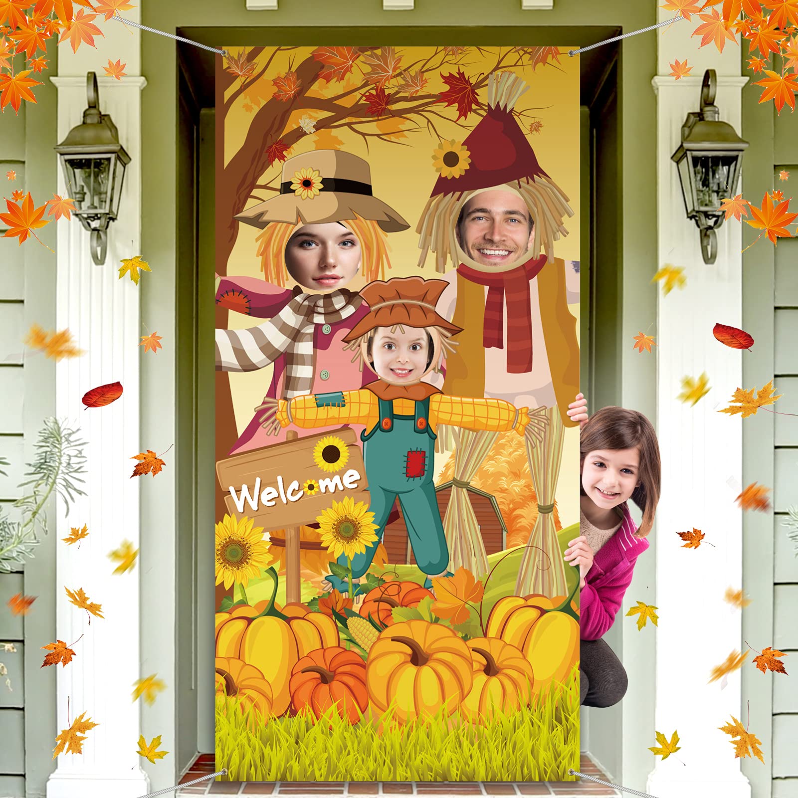 Thanksgiving Party Scarecrow Backdrop Decoration,Pumpkins Sunflower Photo Door Banner Cover Harvest Maple Fall Leaves For Autumn