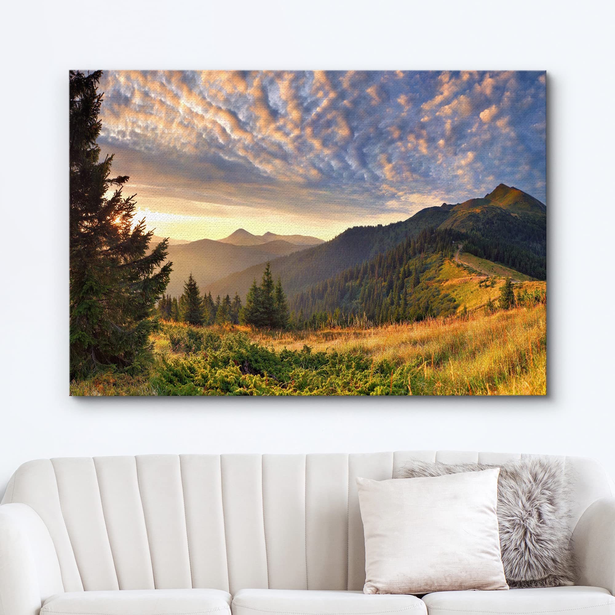 wall26 Canvas Print Wall Art Sunset Over The Golden Mountain Forest Landscape Nature Wilderness Photography Realism Rustic Scenic Colorful Green Ultra for Living Room  Bedroom  Office - 16''x24''