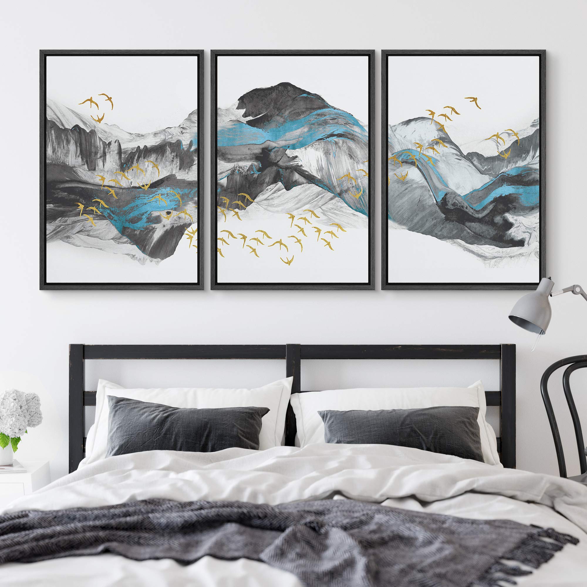Nwt Framed Wall Art Print Set Blue & Black Mountains With Gold Birds Nature Wilderness Illustrations Modern Art Rustic Colorful